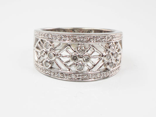 Vintage Wide 14k White Gold Diamond Ring with Fancy Cut Outs