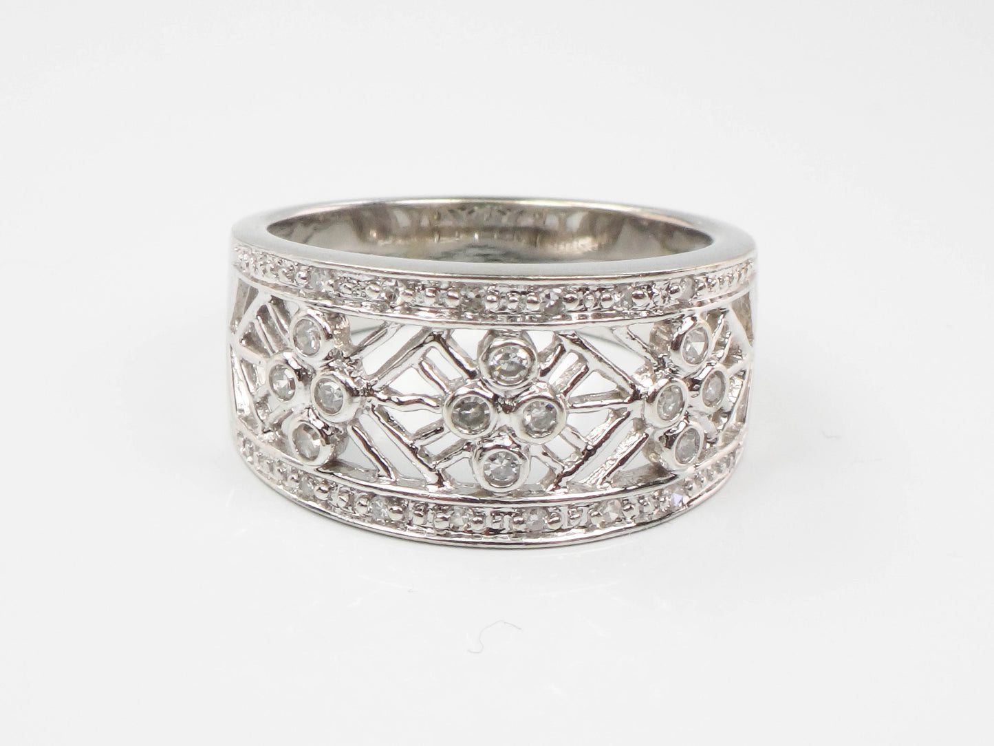 Vintage Wide 14k White Gold Diamond Ring with Fancy Cut Outs, Size 7