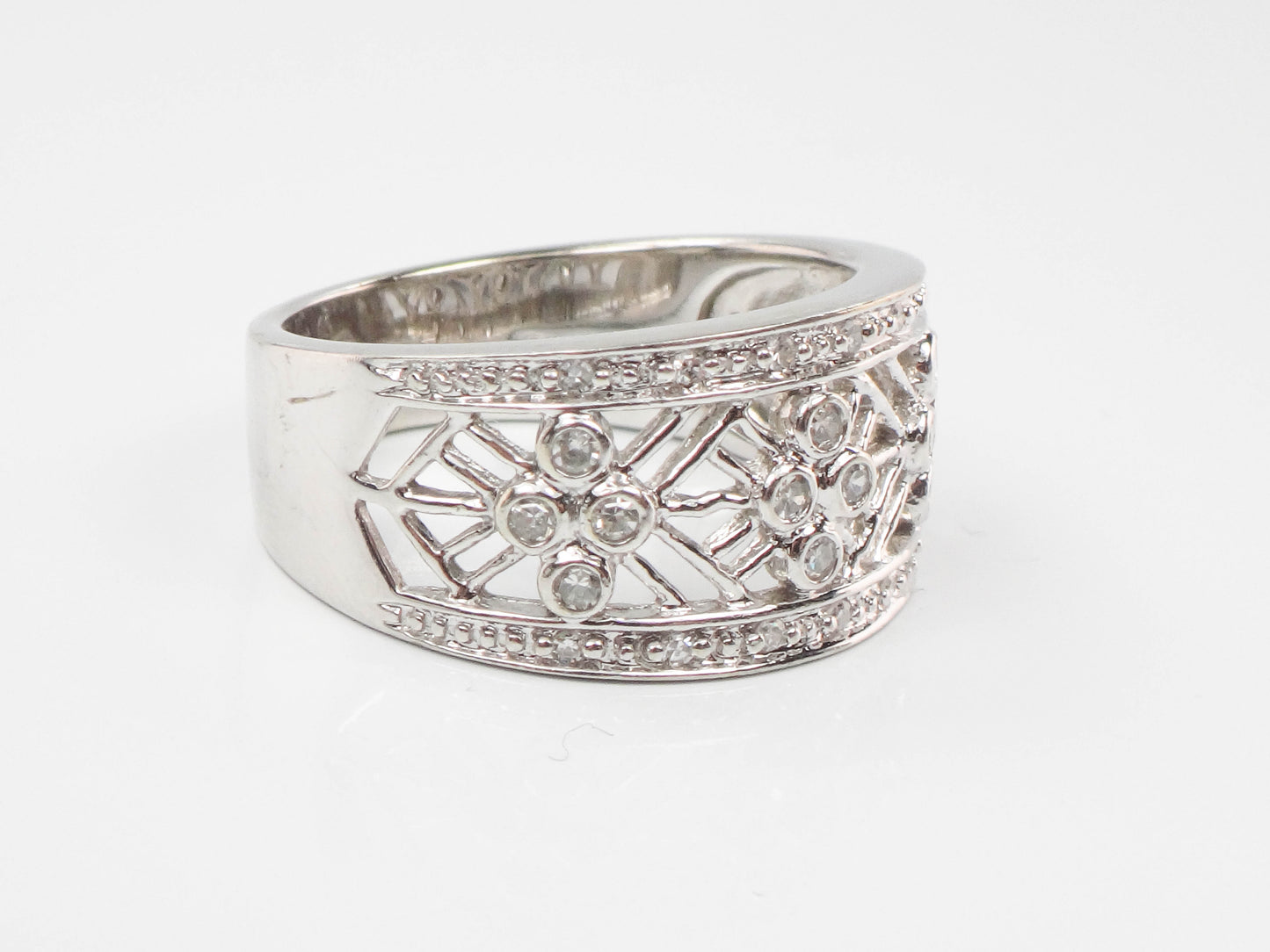 Vintage Wide 14k White Gold Diamond Ring with Fancy Cut Outs, Size 7
