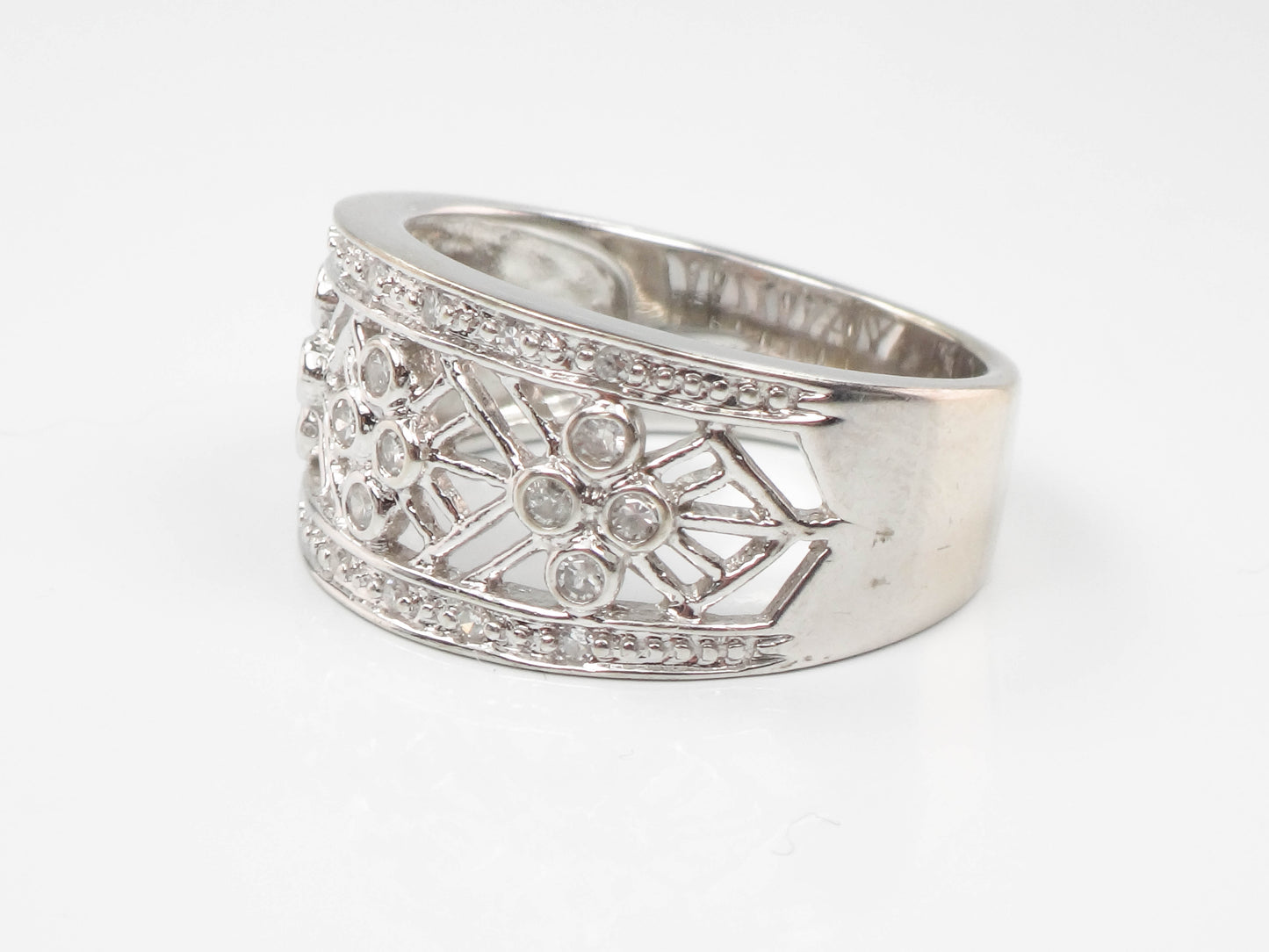 Vintage Wide 14k White Gold Diamond Ring with Fancy Cut Outs, Size 7