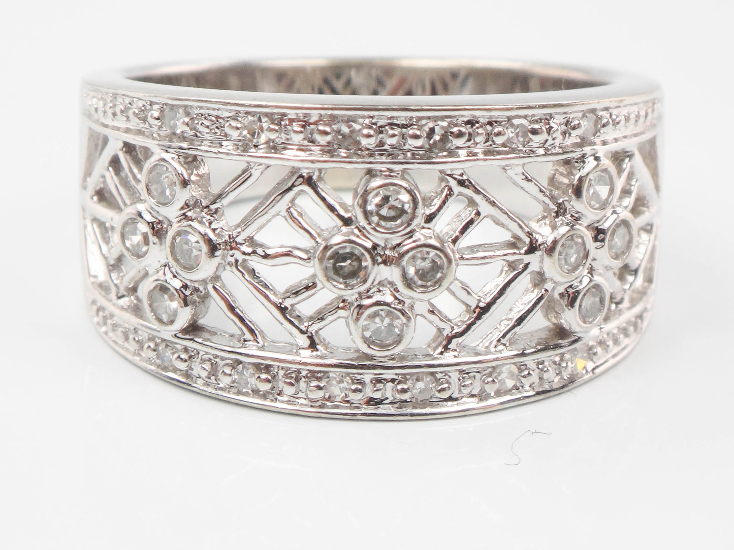Vintage Wide 14k White Gold Diamond Ring with Fancy Cut Outs, Size 7