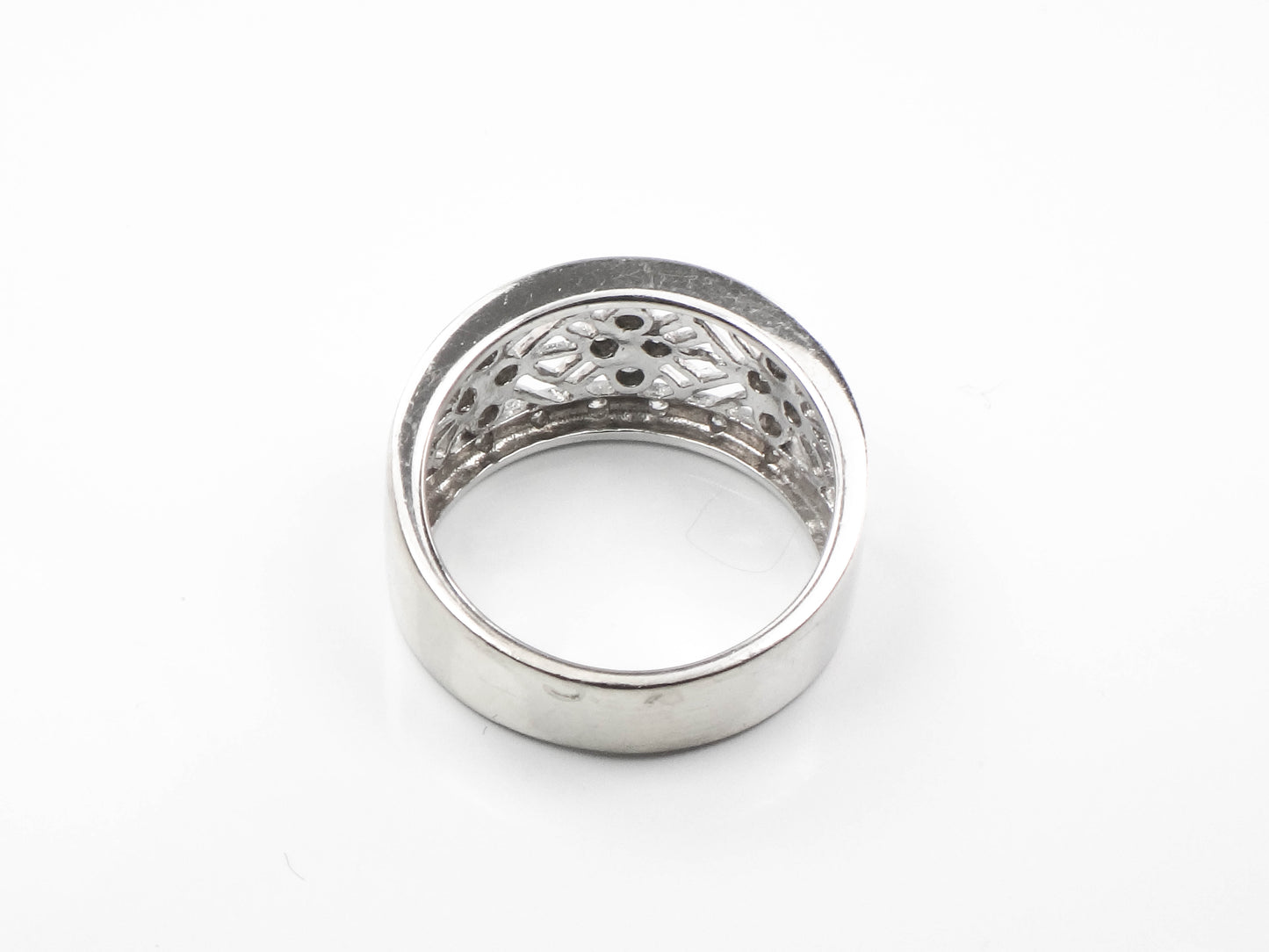 Vintage Wide 14k White Gold Diamond Ring with Fancy Cut Outs, Size 7