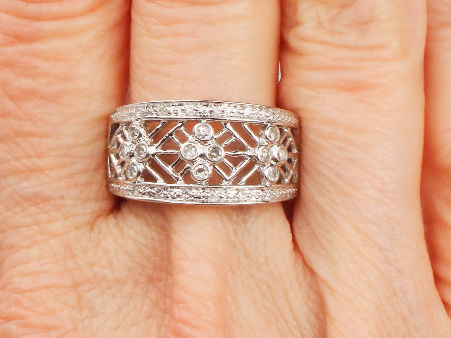 Vintage Wide 14k White Gold Diamond Ring with Fancy Cut Outs, Size 7