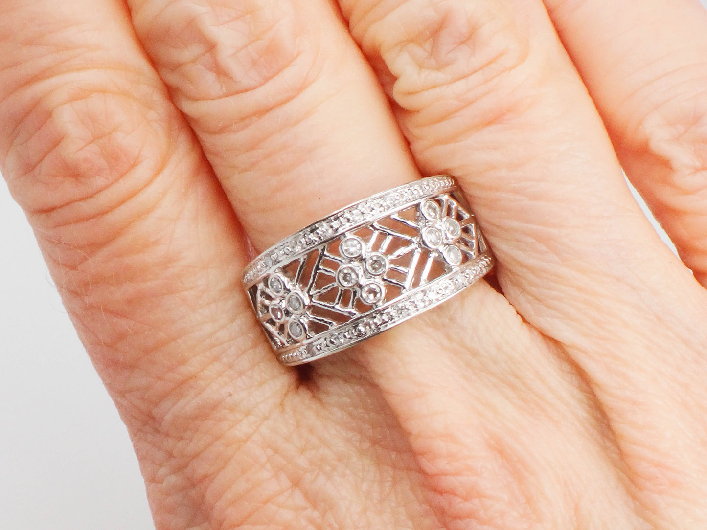 Vintage Wide 14k White Gold Diamond Ring with Fancy Cut Outs, Size 7