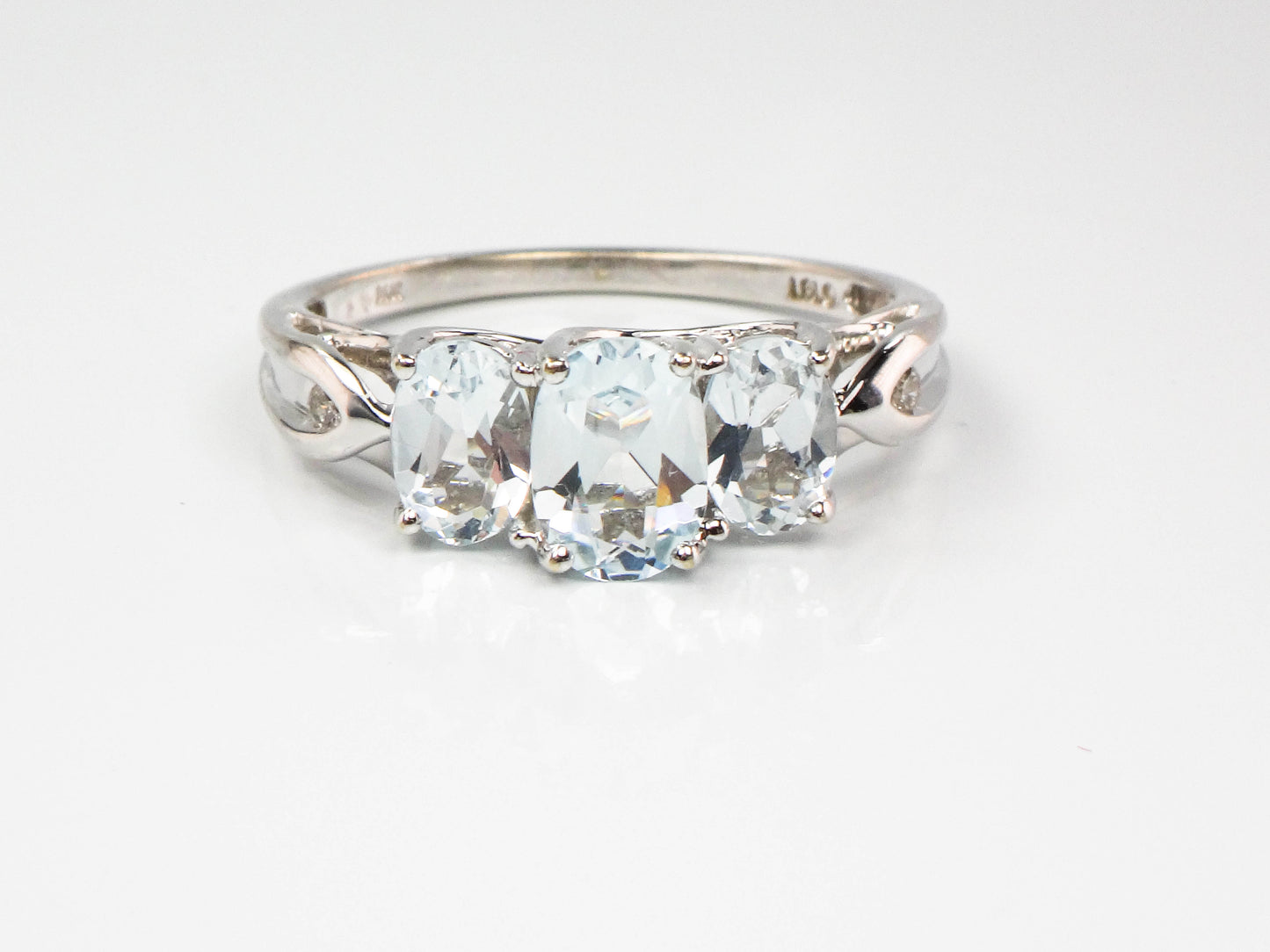 Estate 14k White Gold Aquamarine and Diamond Ring, Three Stone March Birthstone Ring, Size 8
