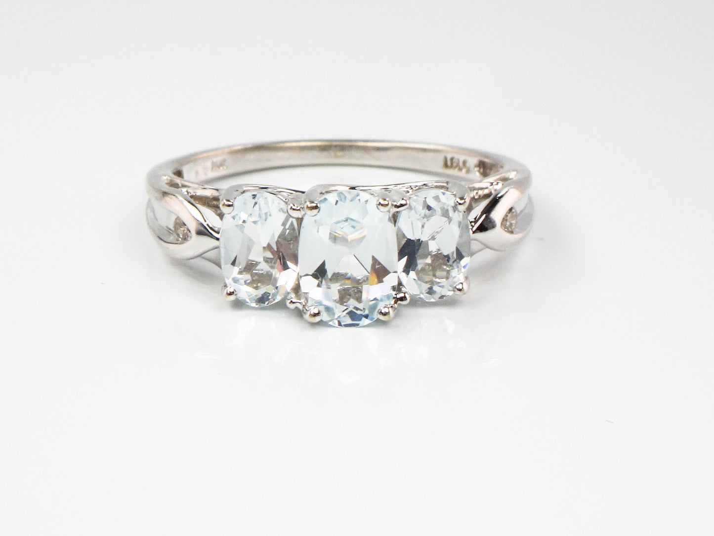 Estate 14k White Gold Aquamarine and Diamond Ring, Three Stone March Birthstone Ring, Size 8