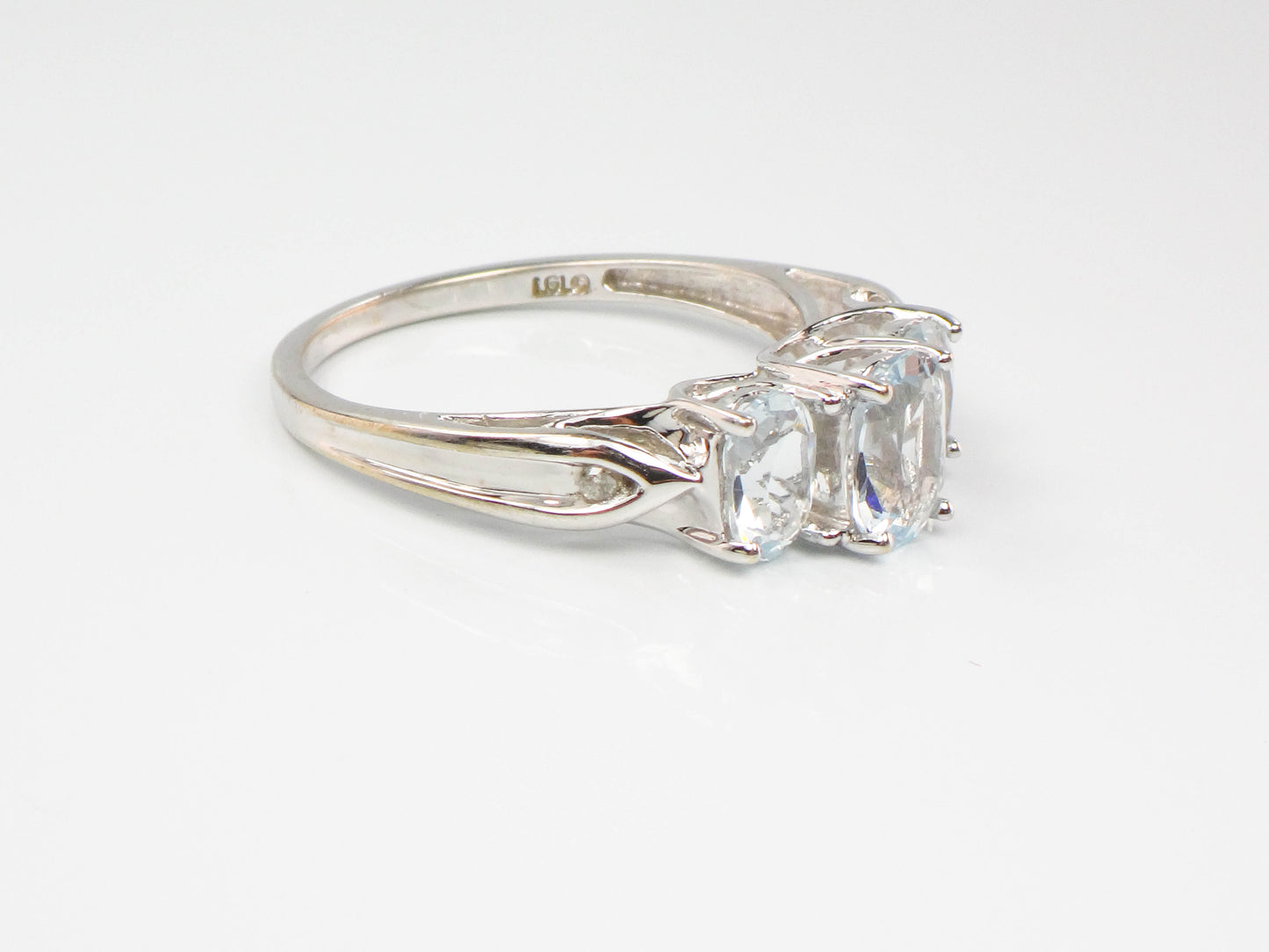 Estate 14k White Gold Aquamarine and Diamond Ring, Three Stone March Birthstone Ring, Size 8