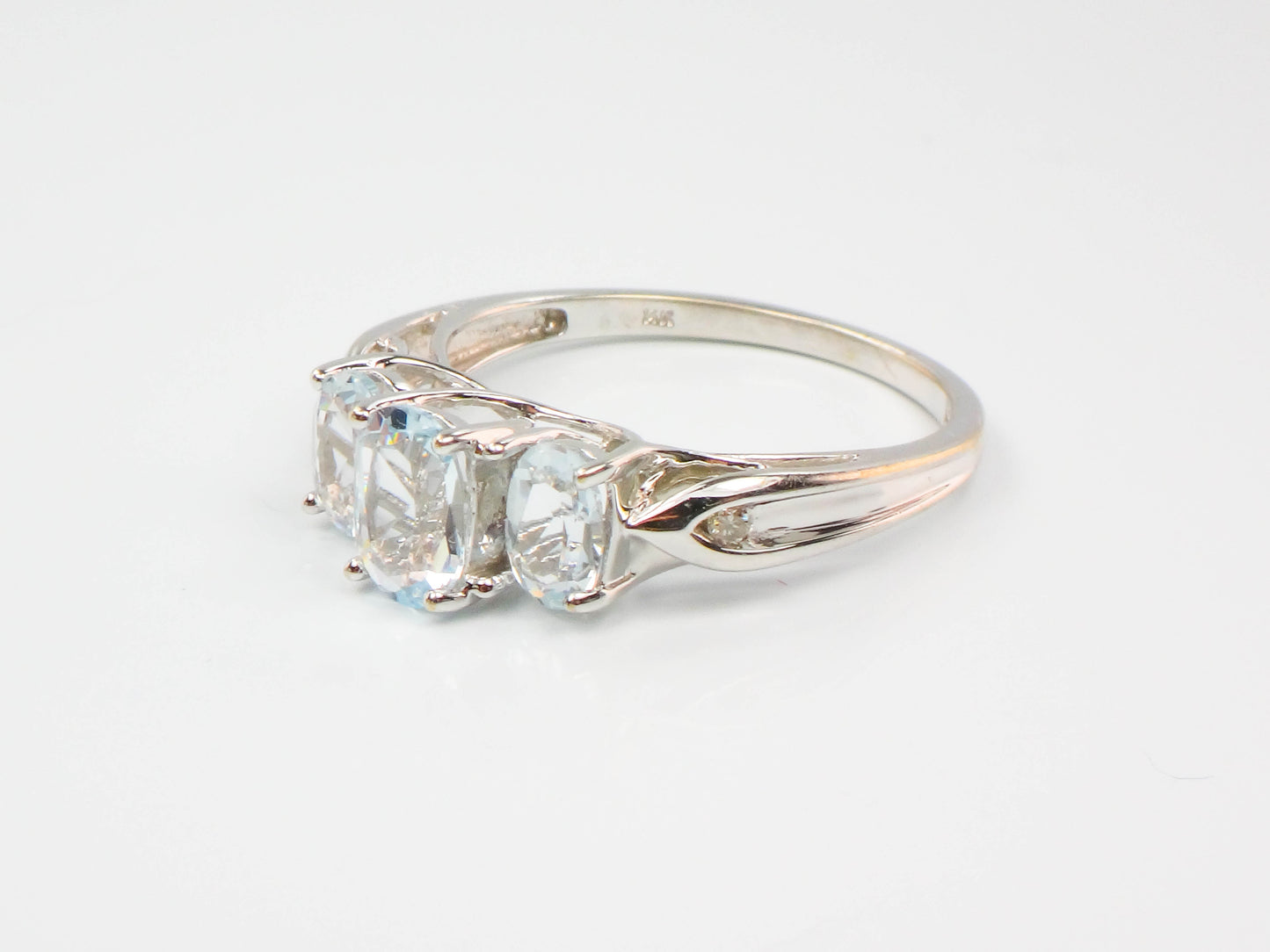 Estate 14k White Gold Aquamarine and Diamond Ring, Three Stone March Birthstone Ring, Size 8