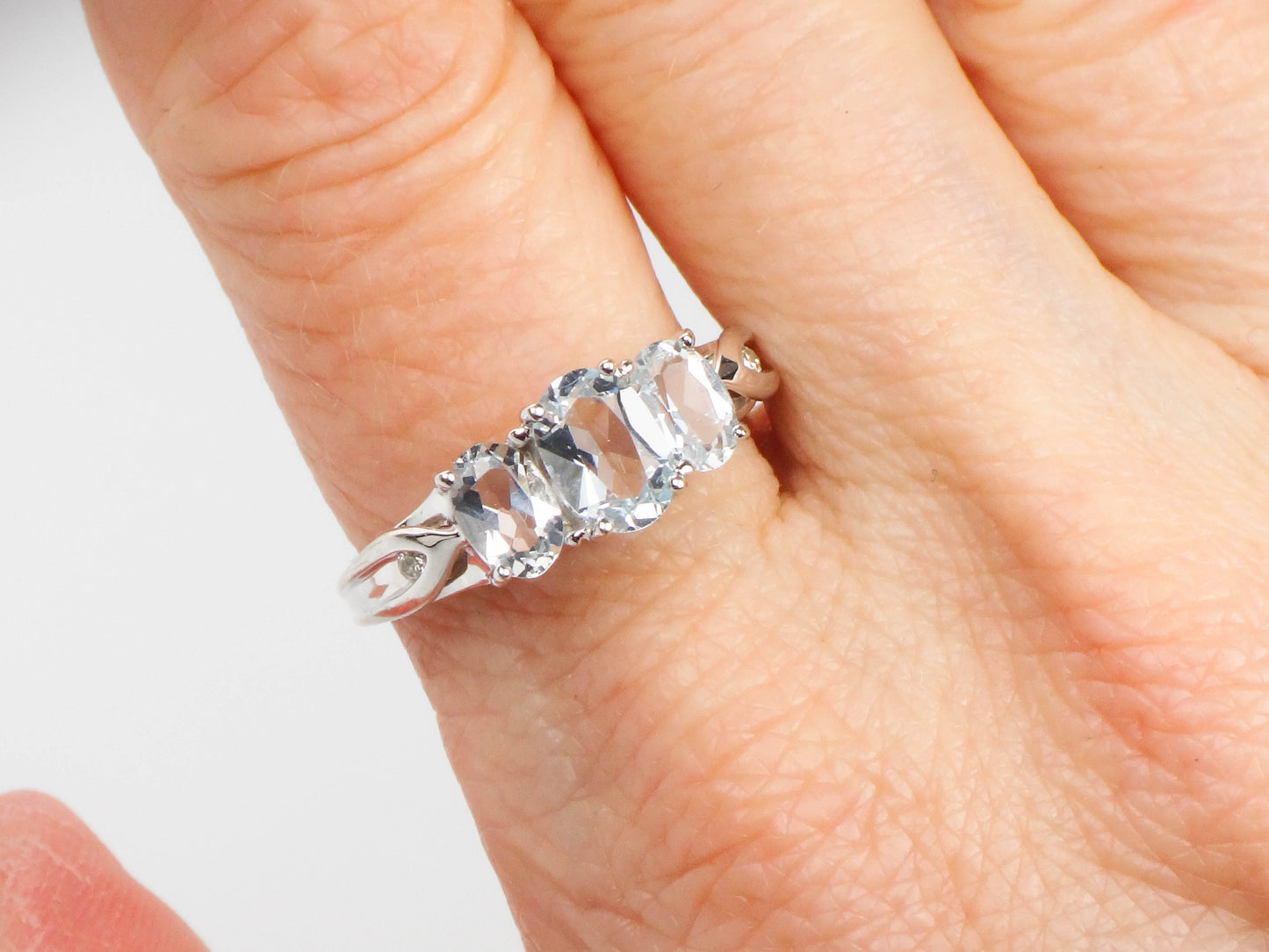 Estate 14k White Gold Aquamarine and Diamond Ring, Three Stone March Birthstone Ring, Size 8