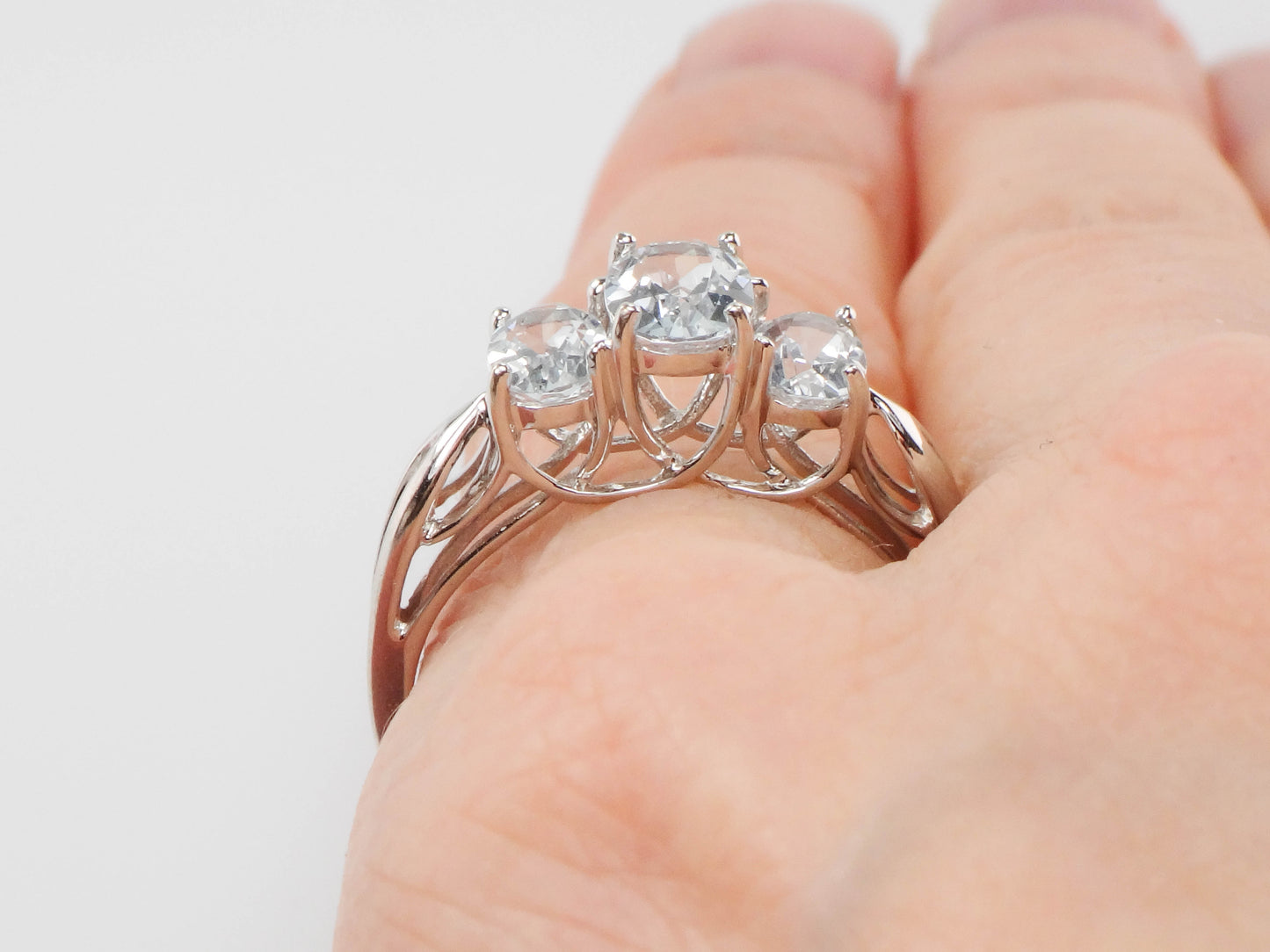 Estate 14k White Gold Aquamarine and Diamond Ring, Three Stone March Birthstone Ring, Size 8