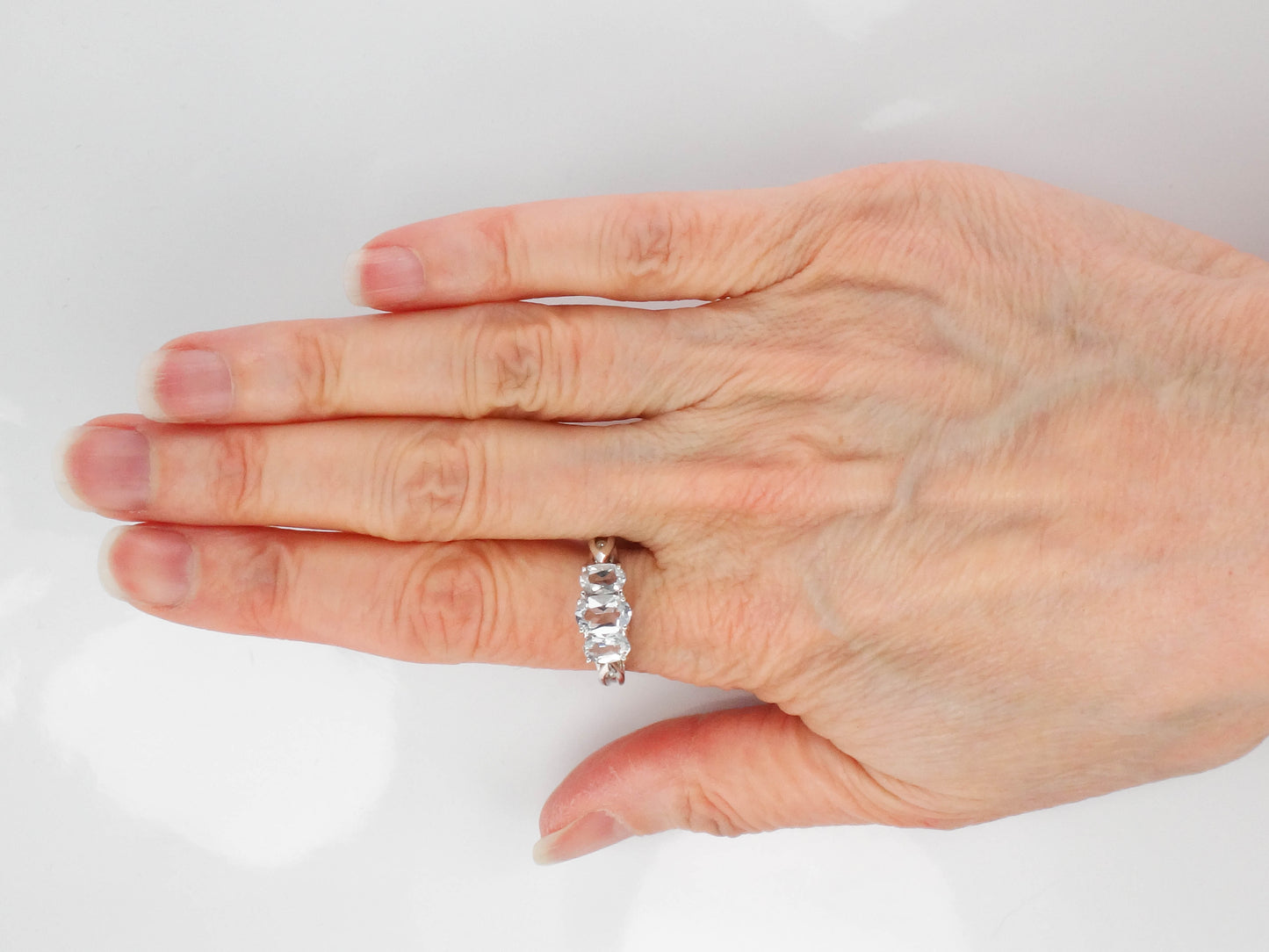 Estate 14k White Gold Aquamarine and Diamond Ring, Three Stone March Birthstone Ring, Size 8