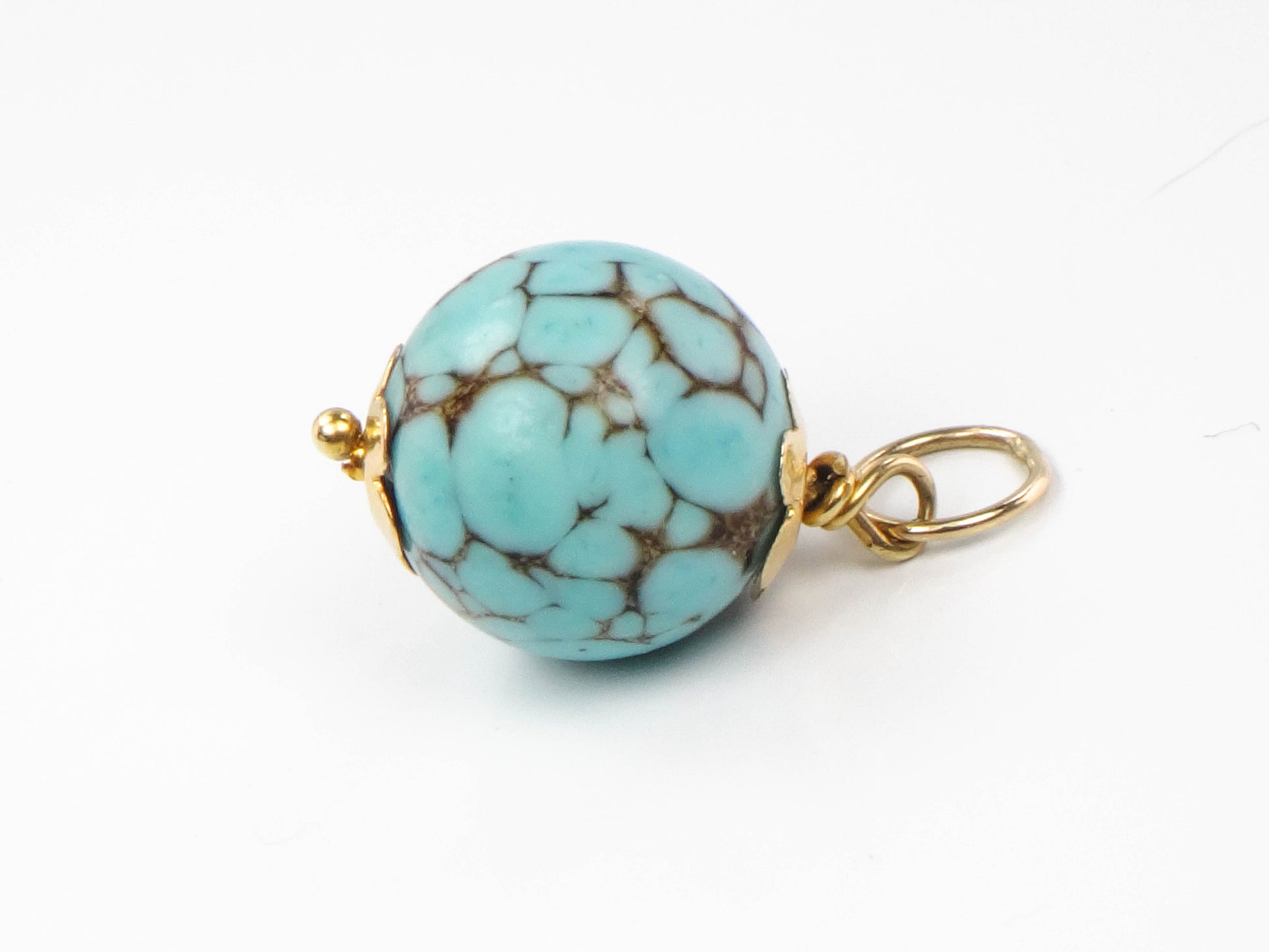 Vintage 14k Turquoise Ball Pendant, Blue Spiderweb Turquoise Charm