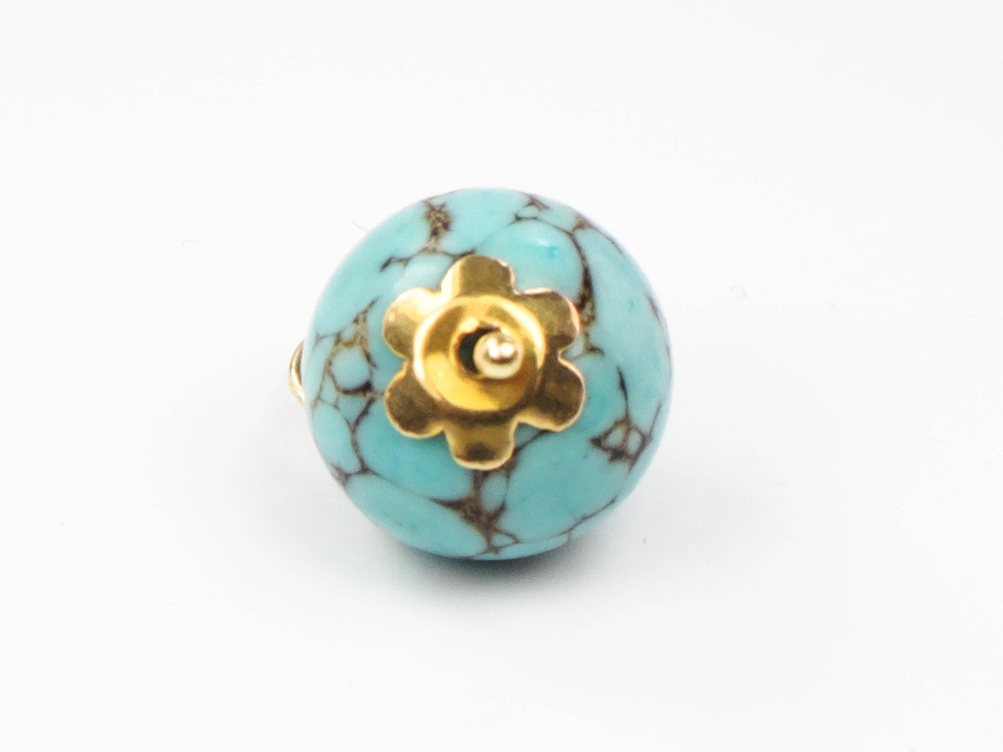 Estate 14k Gold Spiderweb Turquoise Ball Pendant Charm, Round Blue Turquoise Pendant