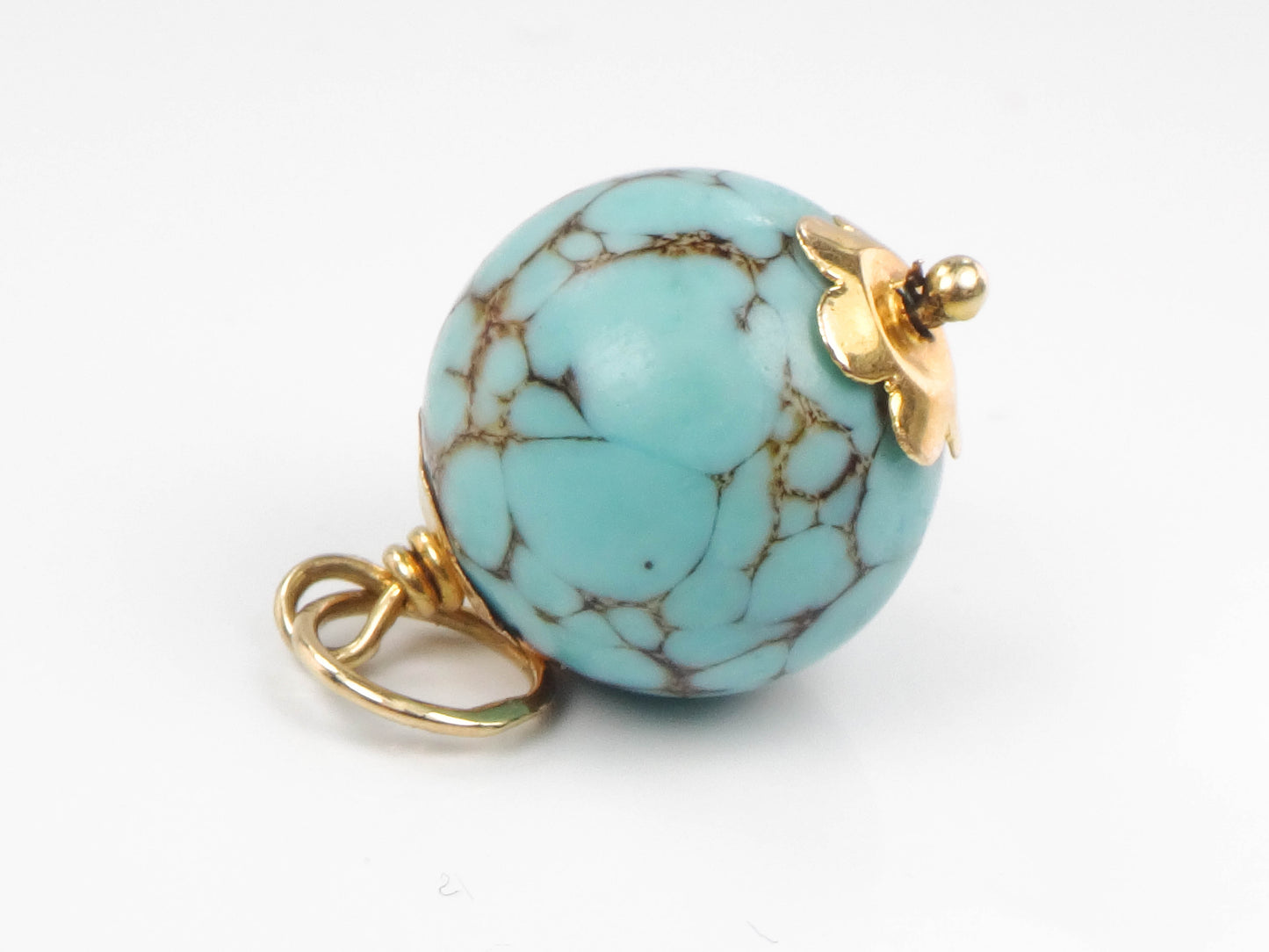 Estate 14k Gold Spiderweb Turquoise Ball Pendant Charm, Round Blue Turquoise Pendant