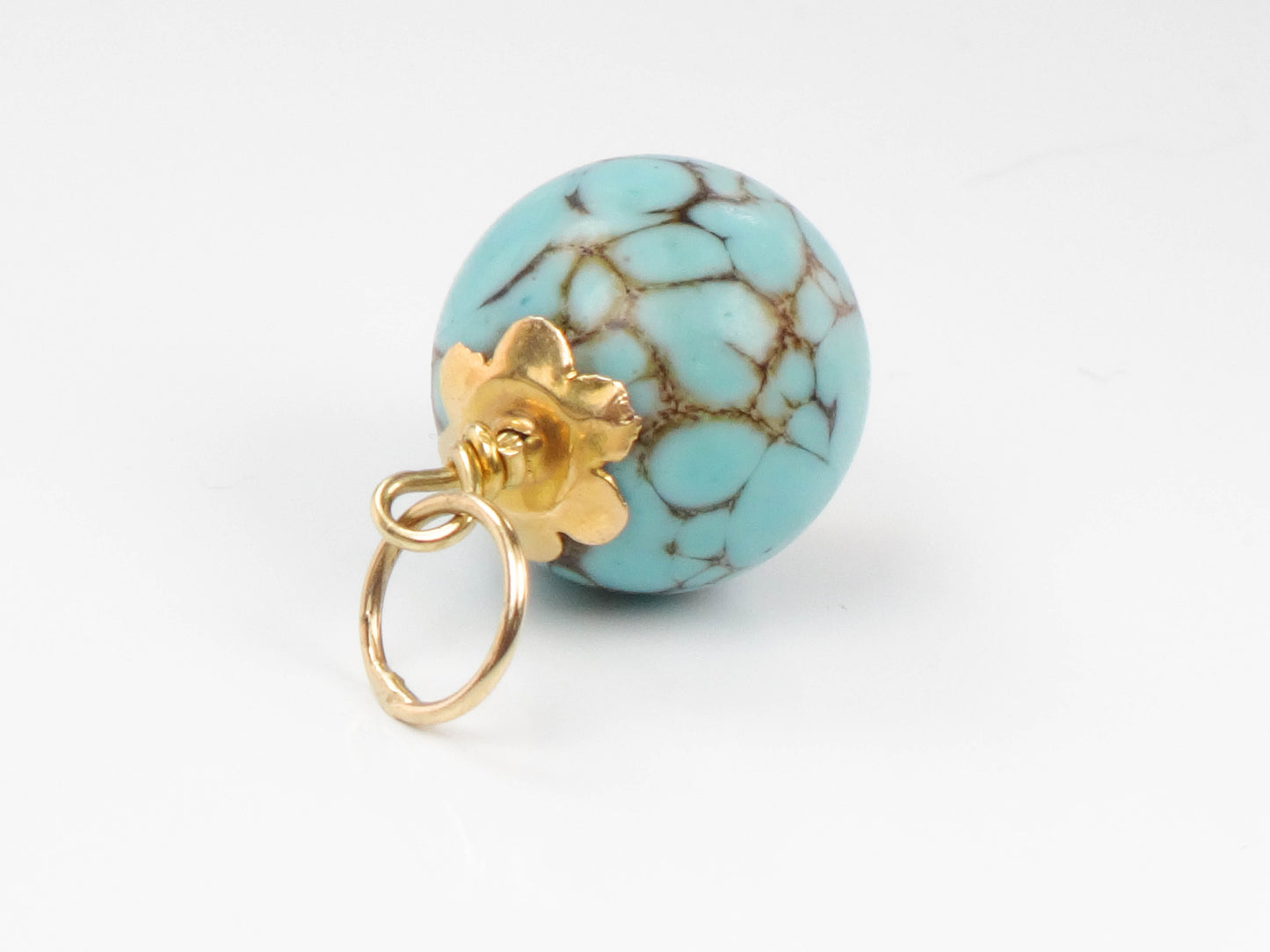Estate 14k Gold Spiderweb Turquoise Ball Pendant Charm, Round Blue Turquoise Pendant