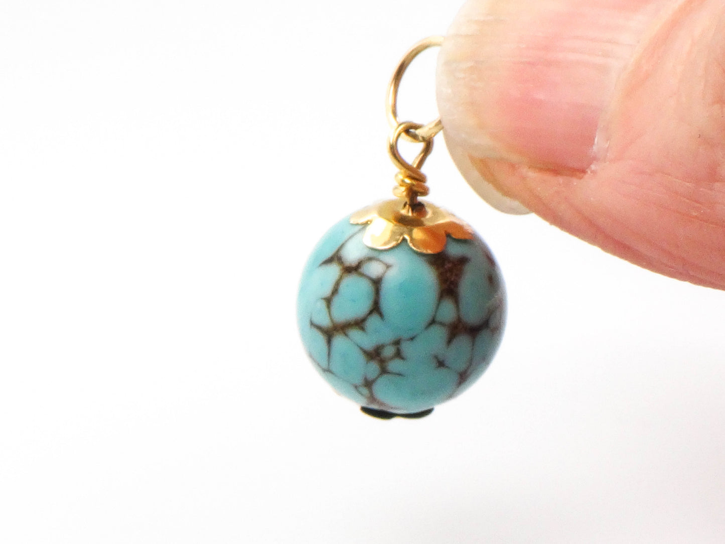 Estate 14k Gold Spiderweb Turquoise Ball Pendant Charm, Round Blue Turquoise Pendant