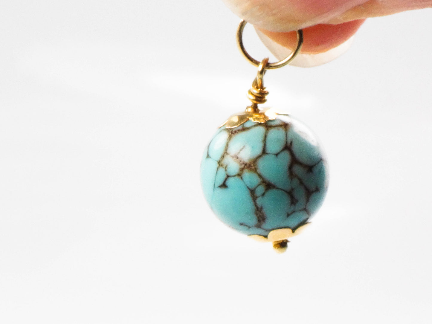 Estate 14k Gold Spiderweb Turquoise Ball Pendant Charm, Round Blue Turquoise Pendant