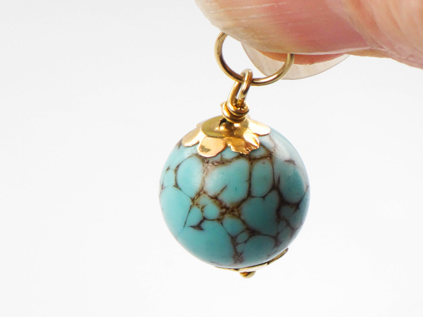 Estate 14k Gold Spiderweb Turquoise Ball Pendant Charm, Round Blue Turquoise Pendant