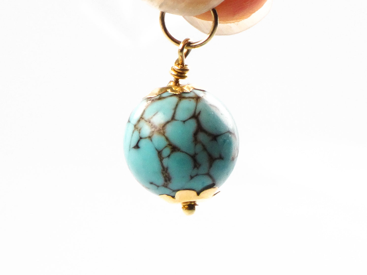 Estate 14k Gold Spiderweb Turquoise Ball Pendant Charm, Round Blue Turquoise Pendant
