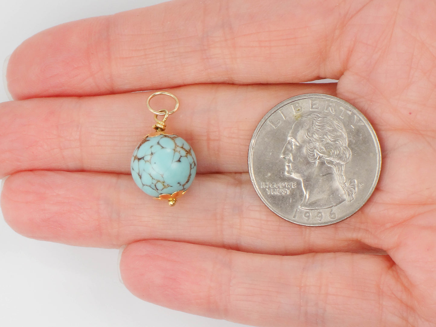 Estate 14k Gold Spiderweb Turquoise Ball Pendant Charm, Round Blue Turquoise Pendant