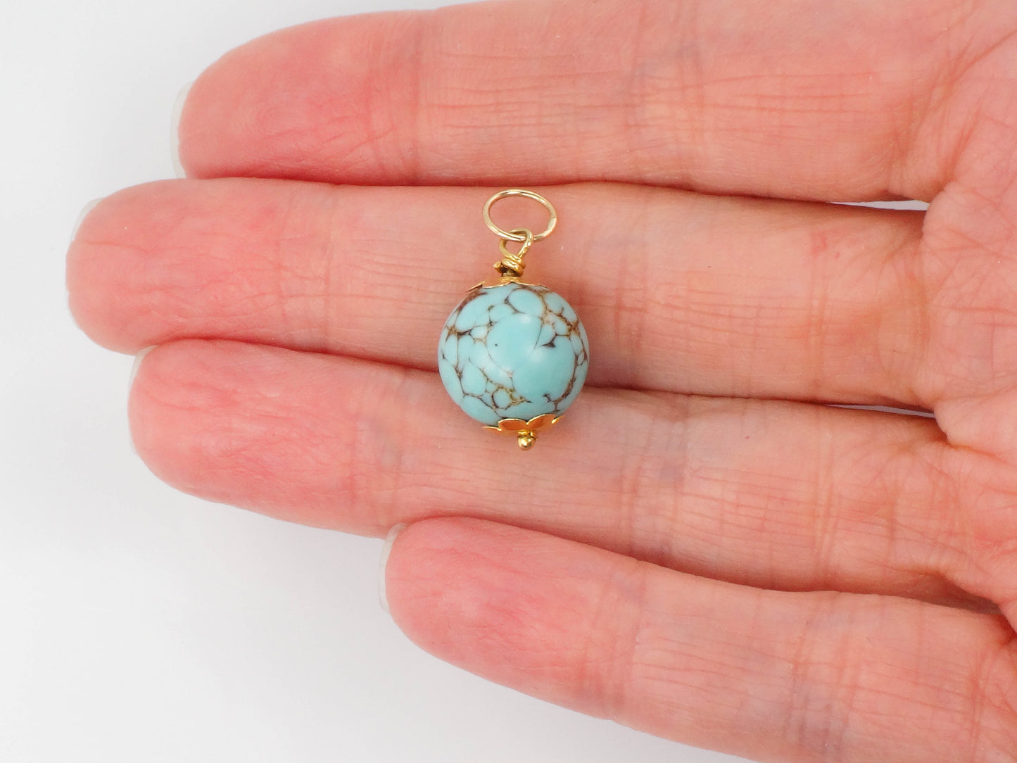 Estate 14k Gold Spiderweb Turquoise Ball Pendant Charm, Round Blue Turquoise Pendant