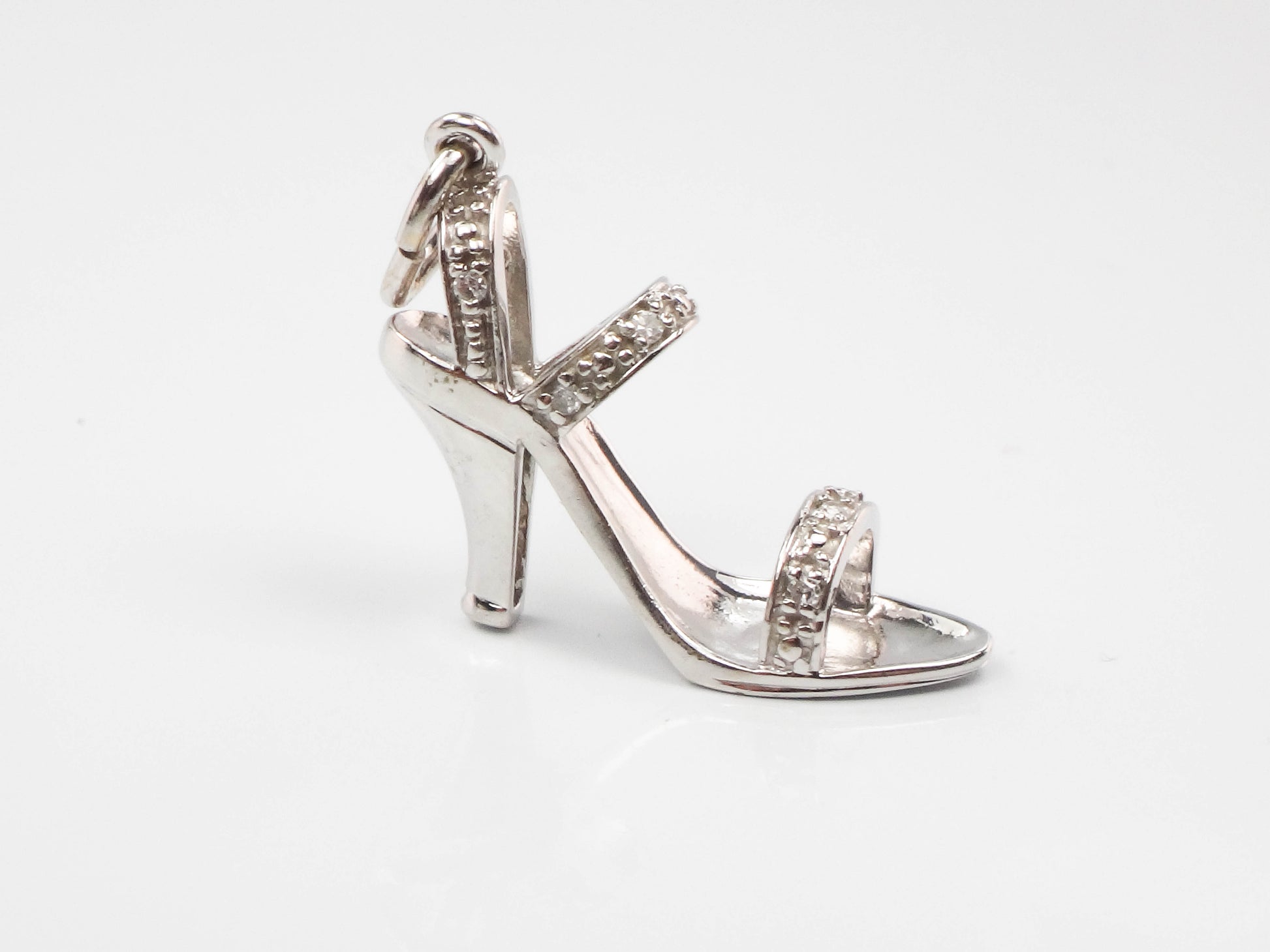 Vintage 10k White Gold Diamond High Heel Sandal Charm Pendant - Ladies Dress Shoe Charm