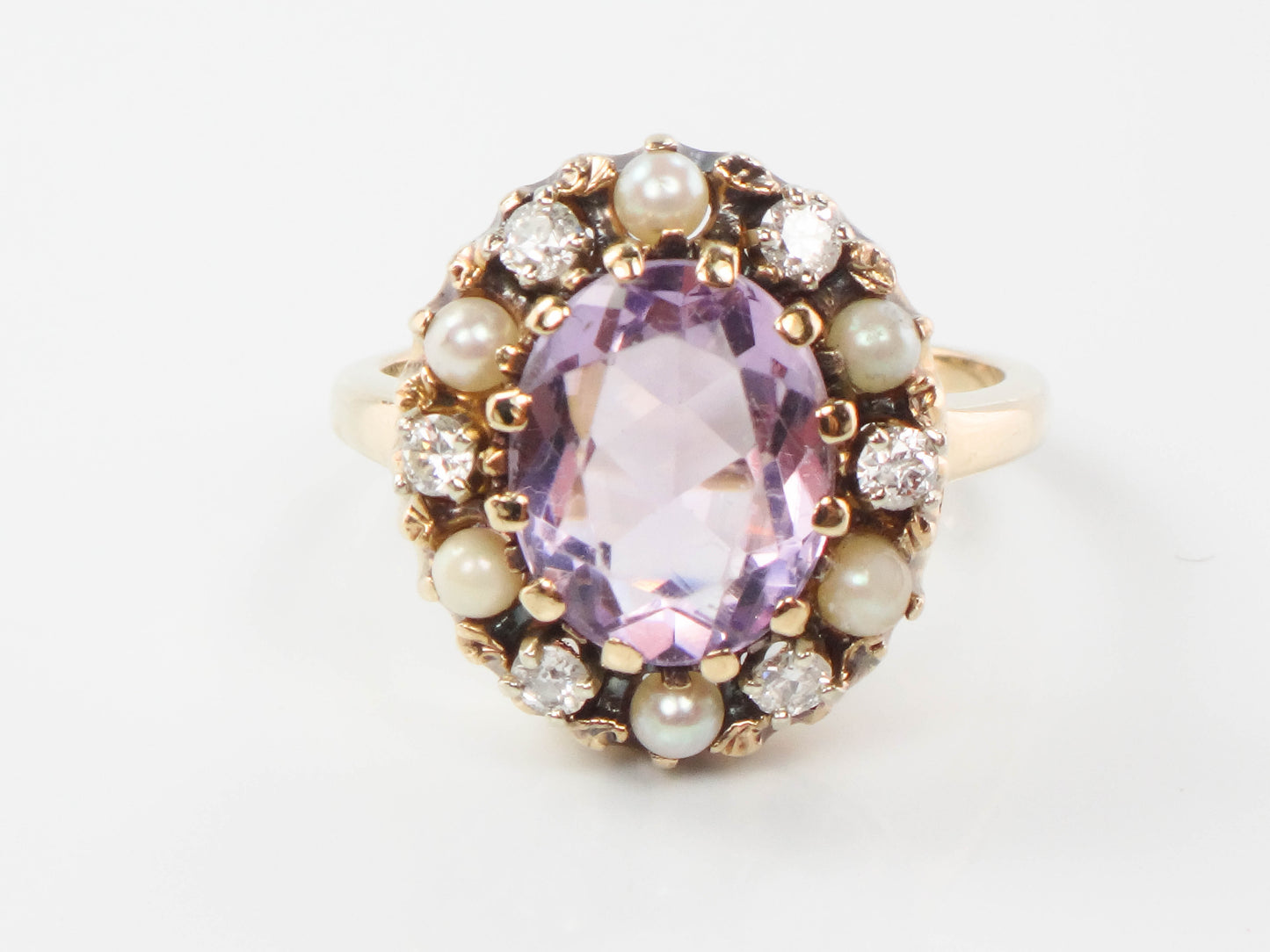 Vintage 14k Yellow Gold Pink Amethyst, Diamond and Pearl Halo Ring, Size 7 February Birthstone Ring