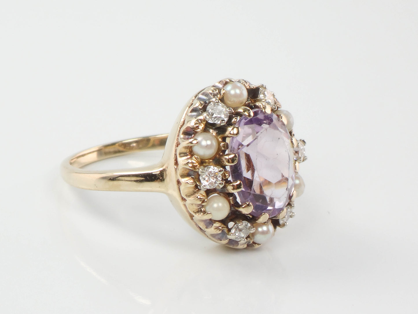 Vintage 14k Yellow Gold Pink Amethyst, Diamond and Pearl Halo Ring, Size 7 February Birthstone Ring
