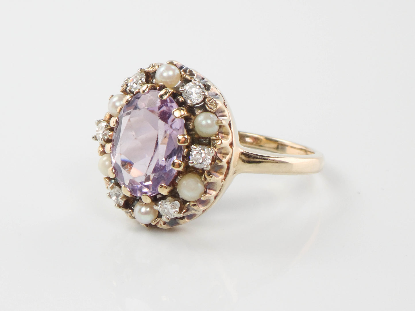 Vintage 14k Yellow Gold Pink Amethyst, Diamond and Pearl Halo Ring, Size 7 February Birthstone Ring