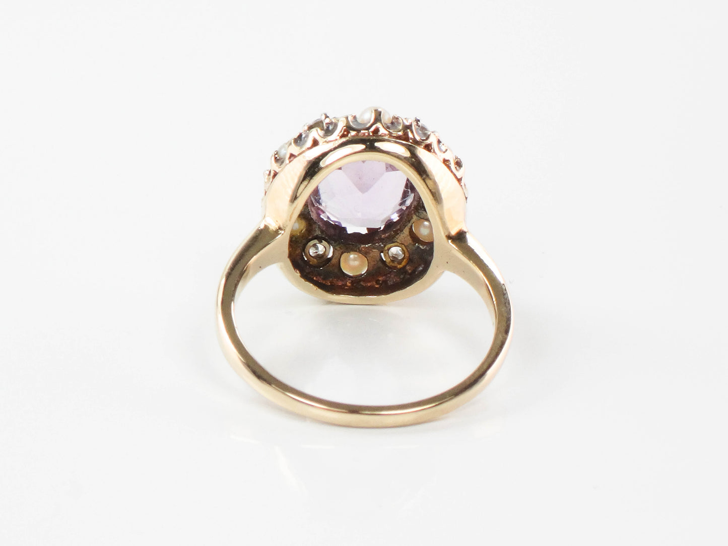 Vintage 14k Yellow Gold Pink Amethyst, Diamond and Pearl Halo Ring, Size 7 February Birthstone Ring