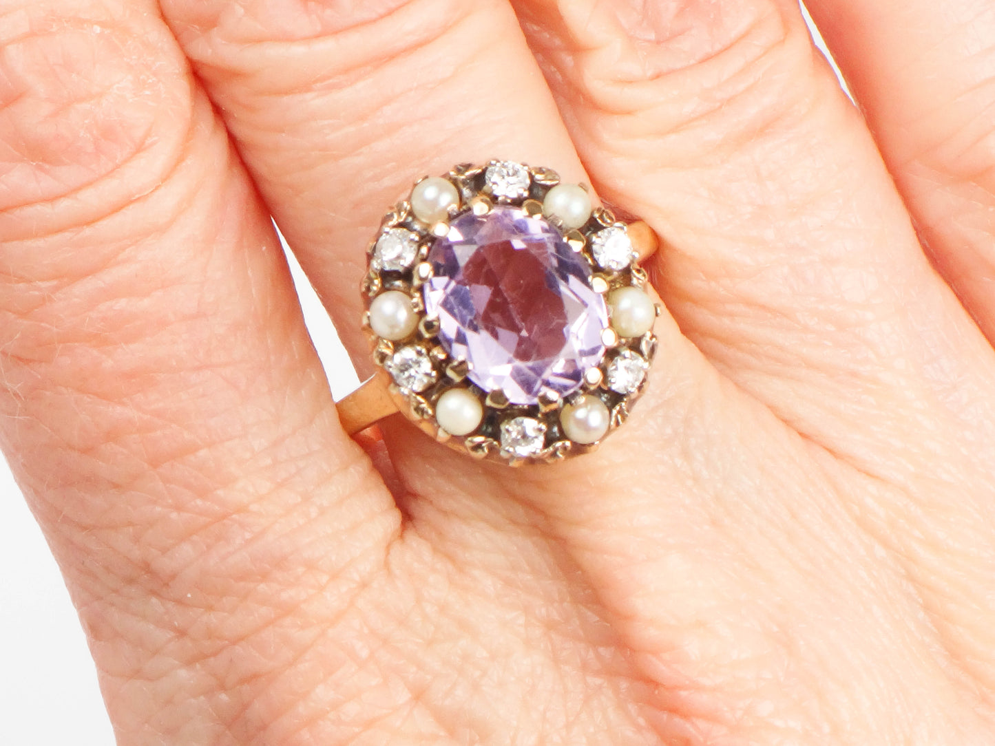 Vintage 14k Yellow Gold Pink Amethyst, Diamond and Pearl Halo Ring, Size 7 February Birthstone Ring