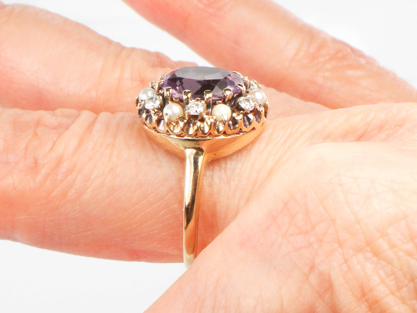 Vintage 14k Yellow Gold Pink Amethyst, Diamond and Pearl Halo Ring, Size 7 February Birthstone Ring