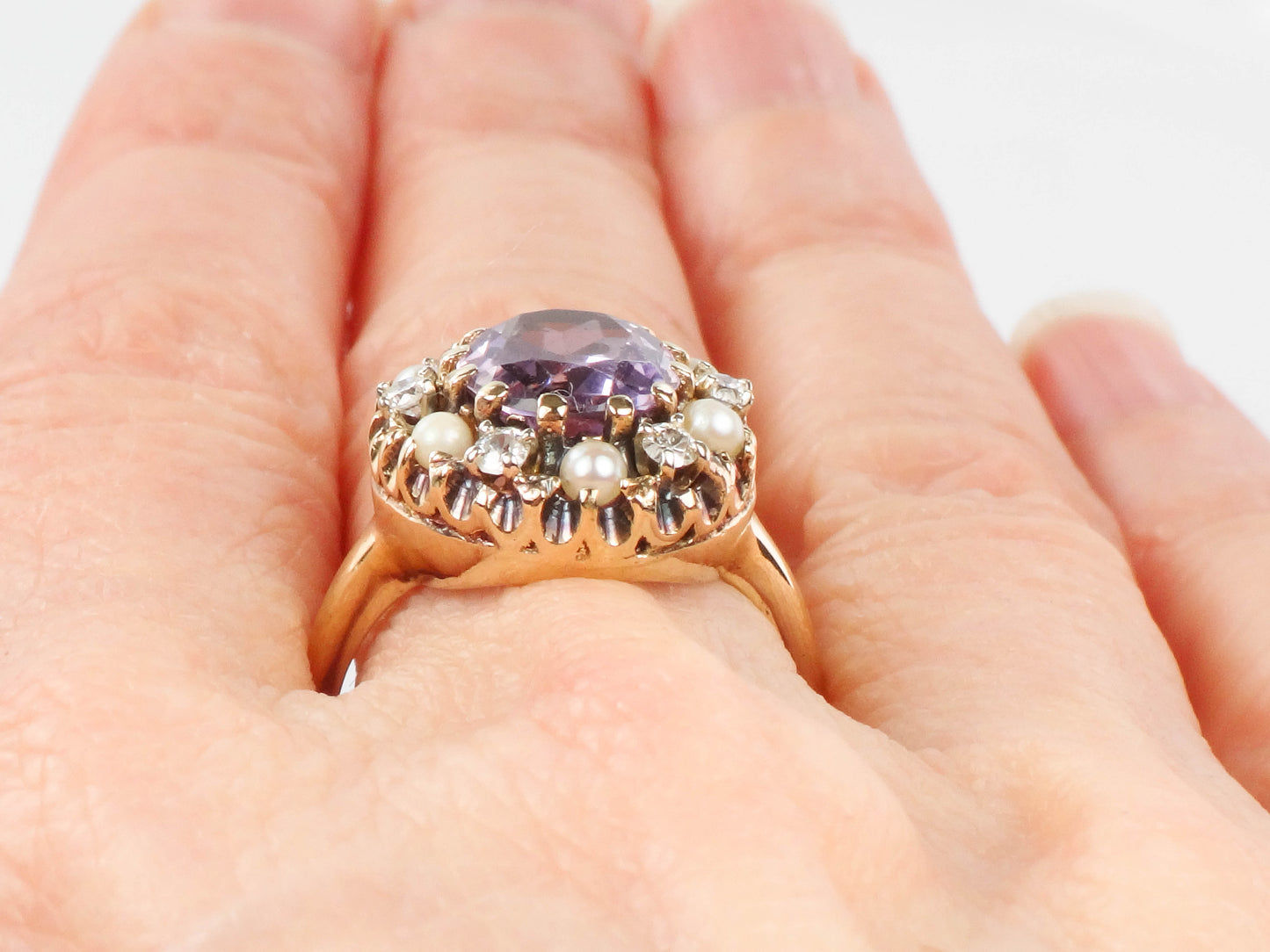 Vintage 14k Yellow Gold Pink Amethyst, Diamond and Pearl Halo Ring, Size 7 February Birthstone Ring