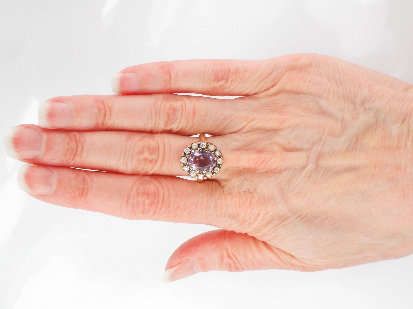 Vintage 14k Yellow Gold Pink Amethyst, Diamond and Pearl Halo Ring, Size 7 February Birthstone Ring