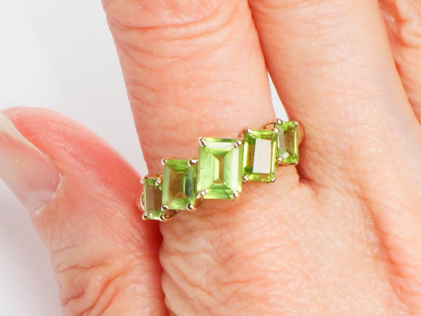 Vintage 10k Yellow Gold Rectangle Cut Peridot Ring, August Birthstone Band, Size 9.5
