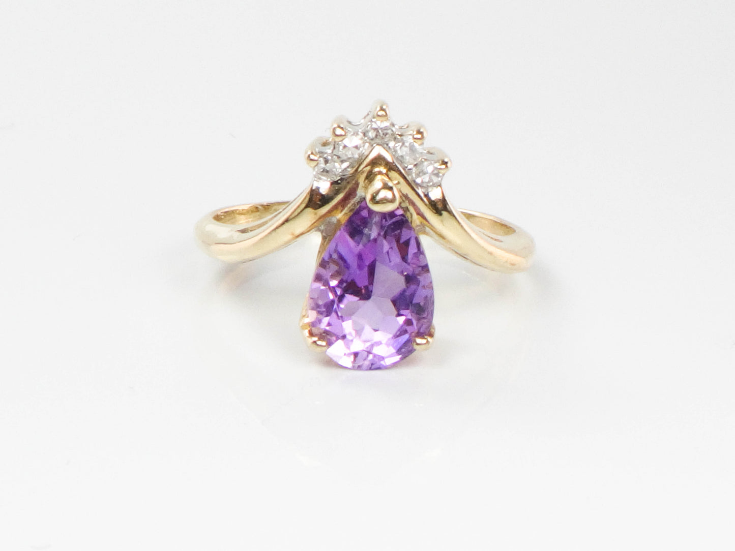 Vintage 14k Yellow Gold Pear Cut Amethyst Diamond Ring, February Birthstone Ring, Pinky Ring Size 3.5