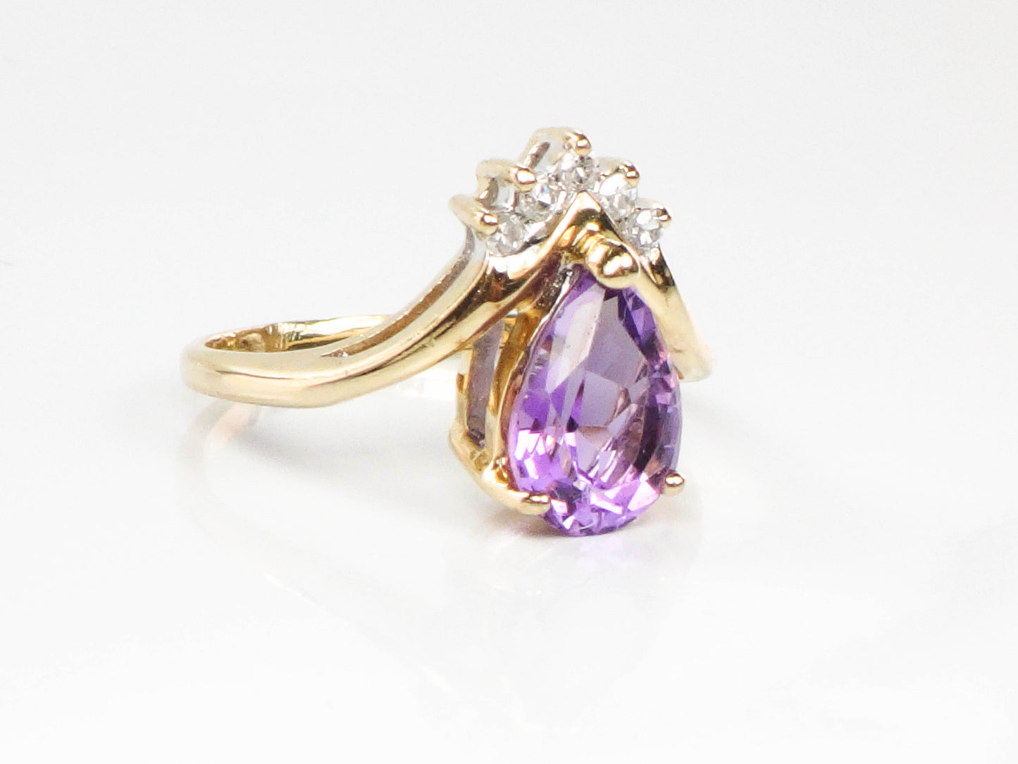 Vintage 14k Yellow Gold Pear Cut Amethyst Diamond Ring, February Birthstone Ring, Pinky Ring Size 3.5