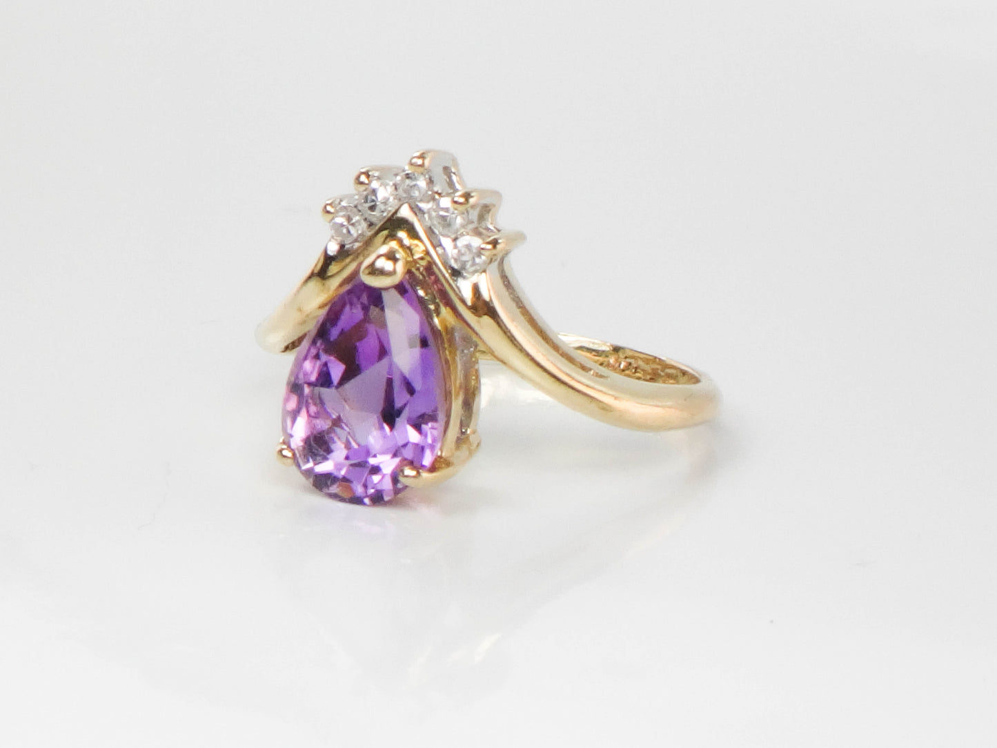 Vintage 14k Yellow Gold Pear Cut Amethyst Diamond Ring, February Birthstone Ring, Pinky Ring Size 3.5