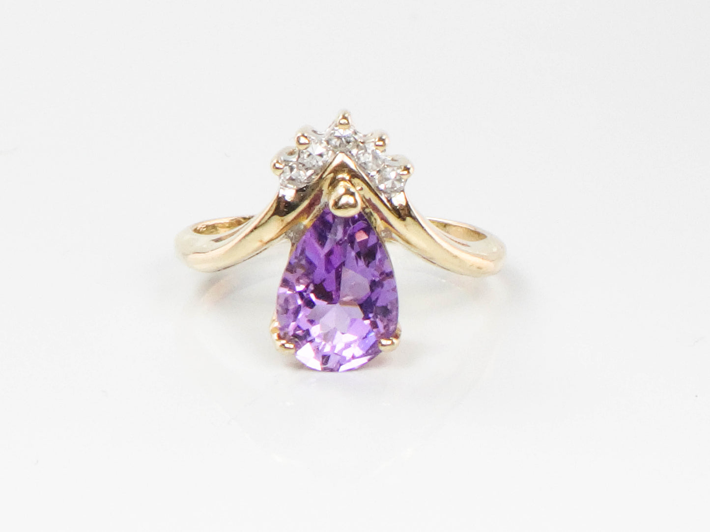 Vintage 14k Yellow Gold Pear Cut Amethyst Diamond Ring, February Birthstone Ring, Pinky Ring Size 3.5