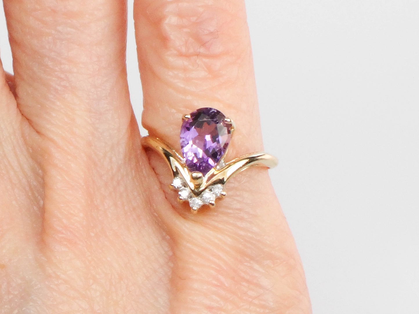 Vintage 14k Yellow Gold Pear Cut Amethyst Diamond Ring, February Birthstone Ring, Pinky Ring Size 3.5