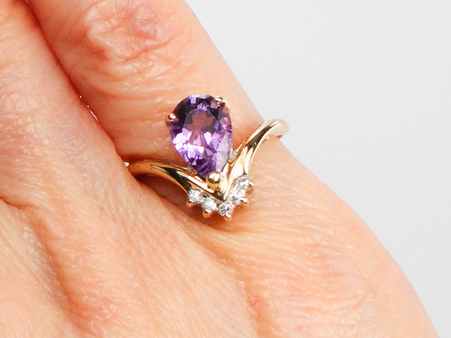 Vintage 14k Yellow Gold Pear Cut Amethyst Diamond Ring, February Birthstone Ring, Pinky Ring Size 3.5