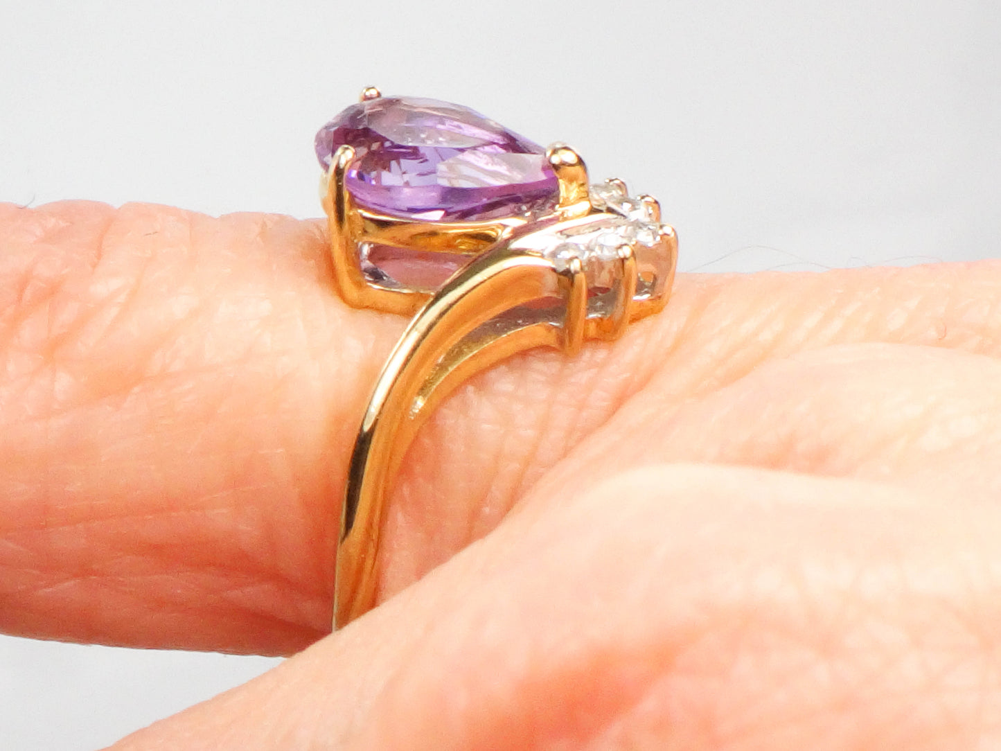 Vintage 14k Yellow Gold Pear Cut Amethyst Diamond Ring, February Birthstone Ring, Pinky Ring Size 3.5
