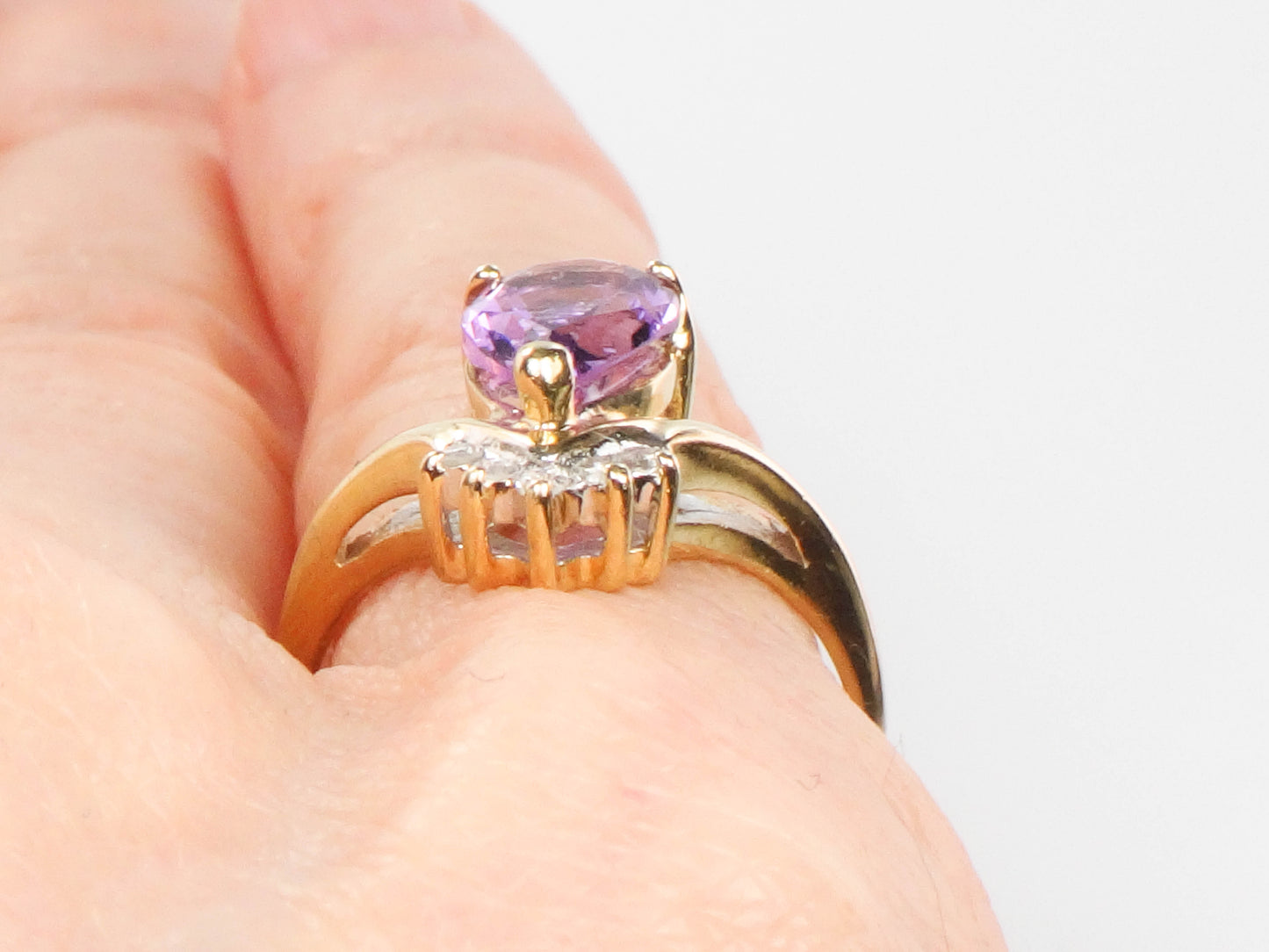 Vintage 14k Yellow Gold Pear Cut Amethyst Diamond Ring, February Birthstone Ring, Pinky Ring Size 3.5
