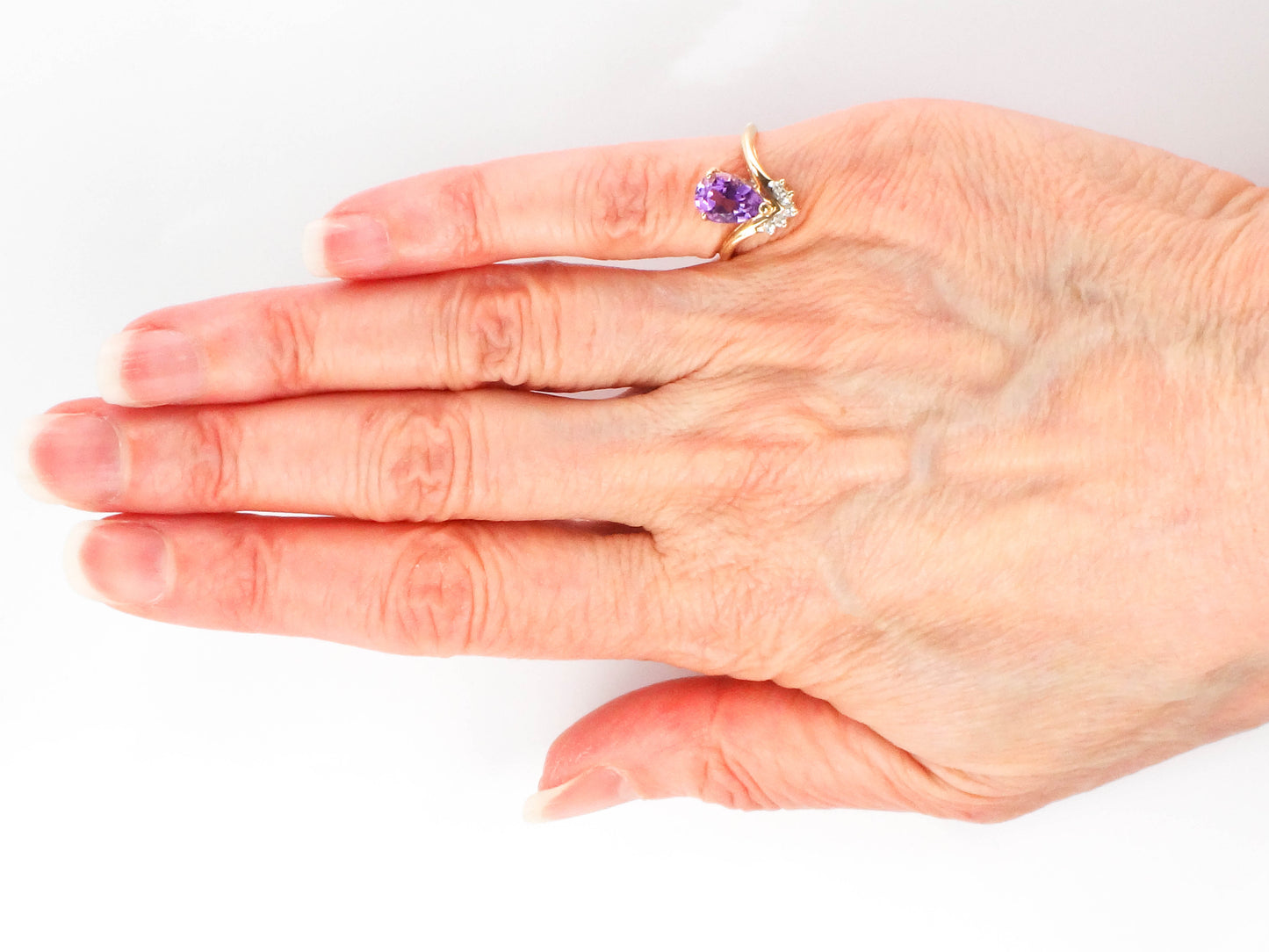 Vintage 14k Yellow Gold Pear Cut Amethyst Diamond Ring, February Birthstone Ring, Pinky Ring Size 3.5