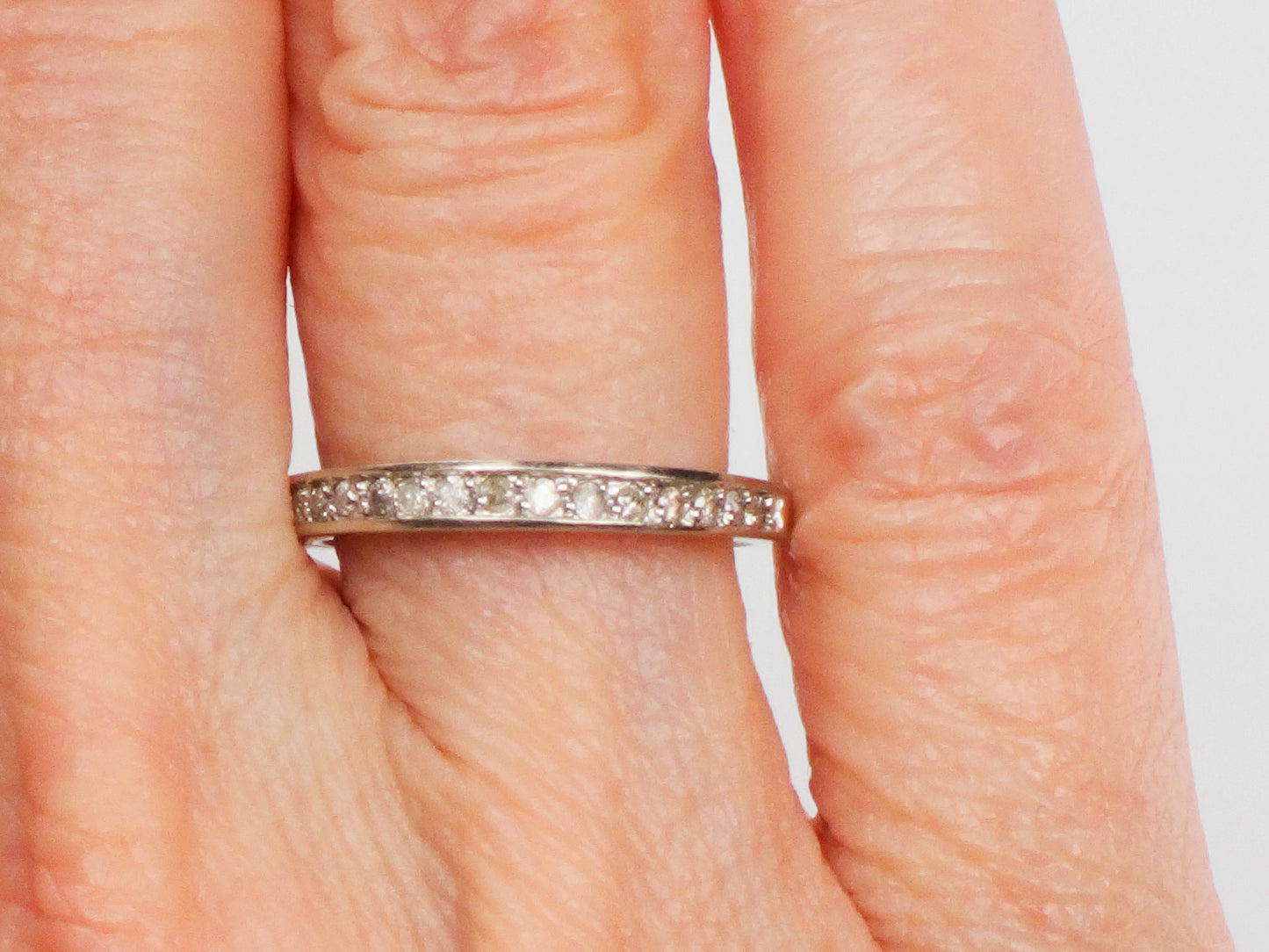 Vintage 14k White Gold Thin Diamond Wedding Band, Stacking Ring, Size 5.25