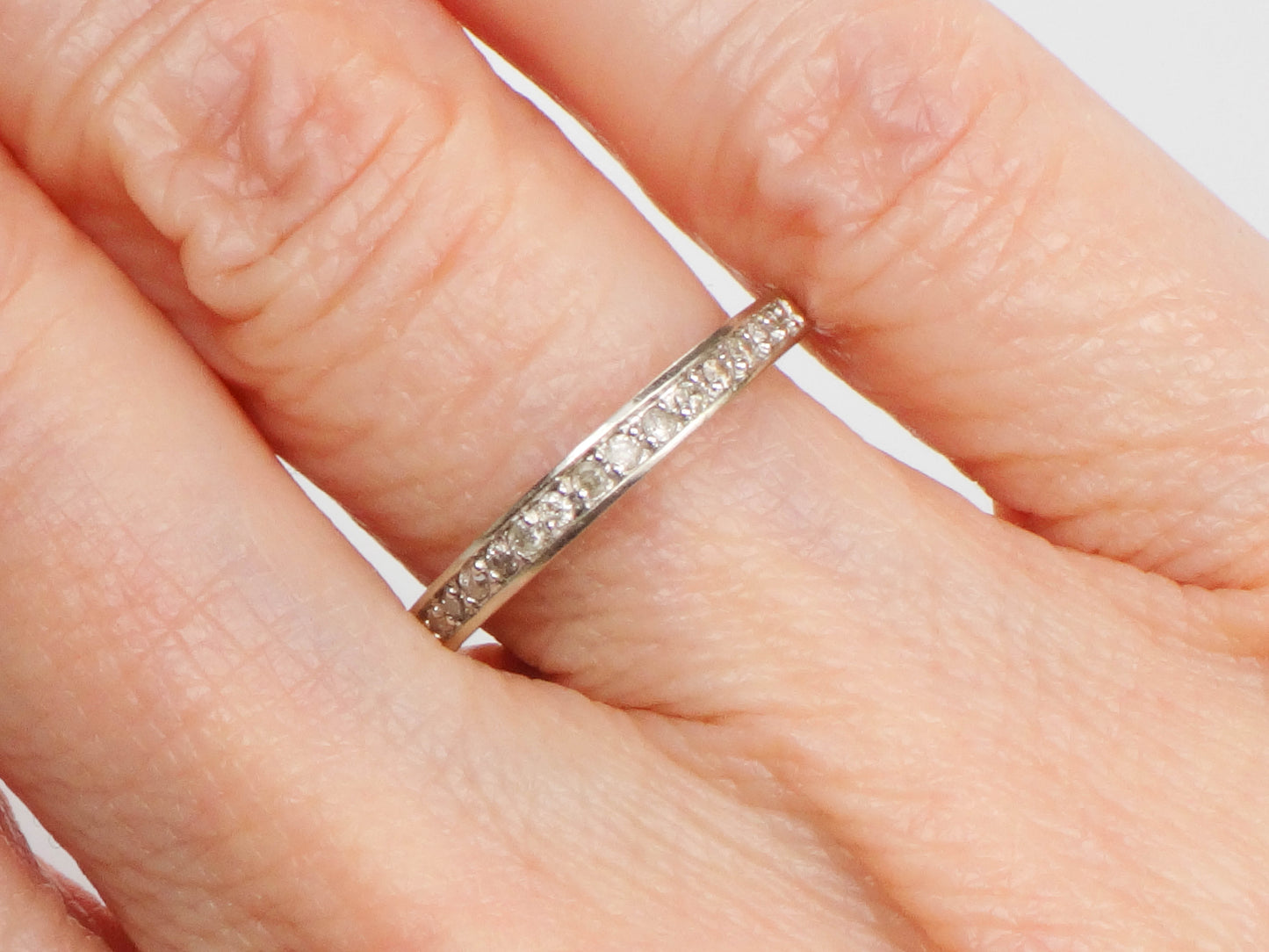 Vintage 14k White Gold Thin Diamond Wedding Band, Stacking Ring, Size 5.25