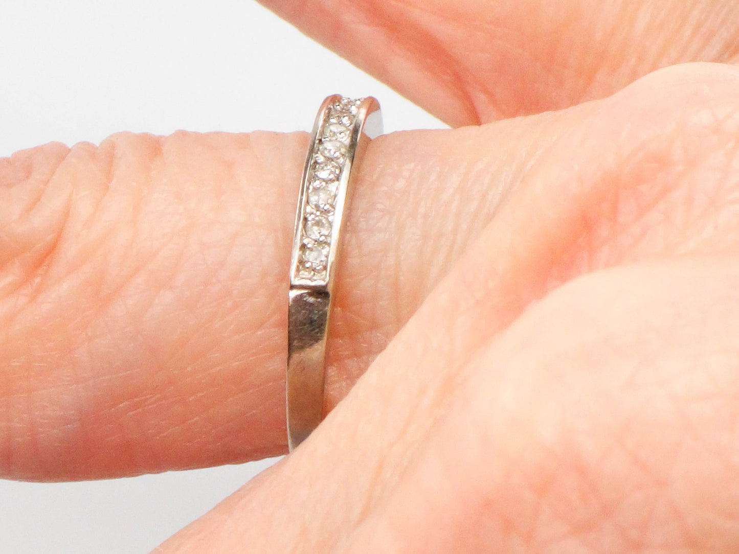 Vintage 14k White Gold Thin Diamond Wedding Band, Stacking Ring, Size 5.25