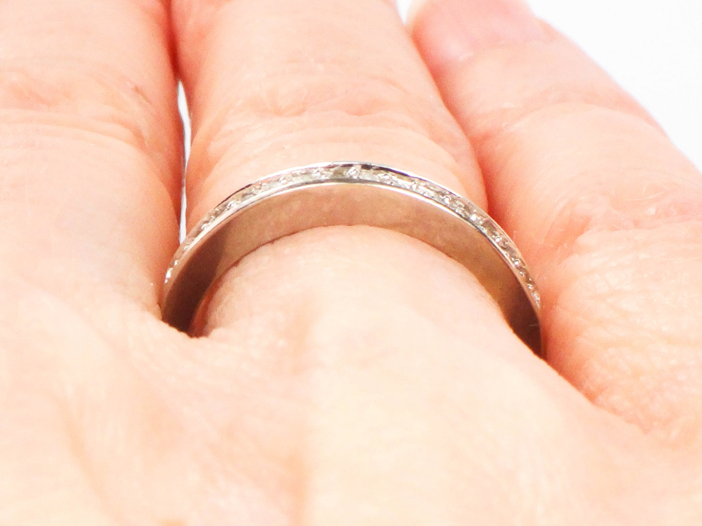Vintage 14k White Gold Thin Diamond Wedding Band, Stacking Ring, Size 5.25