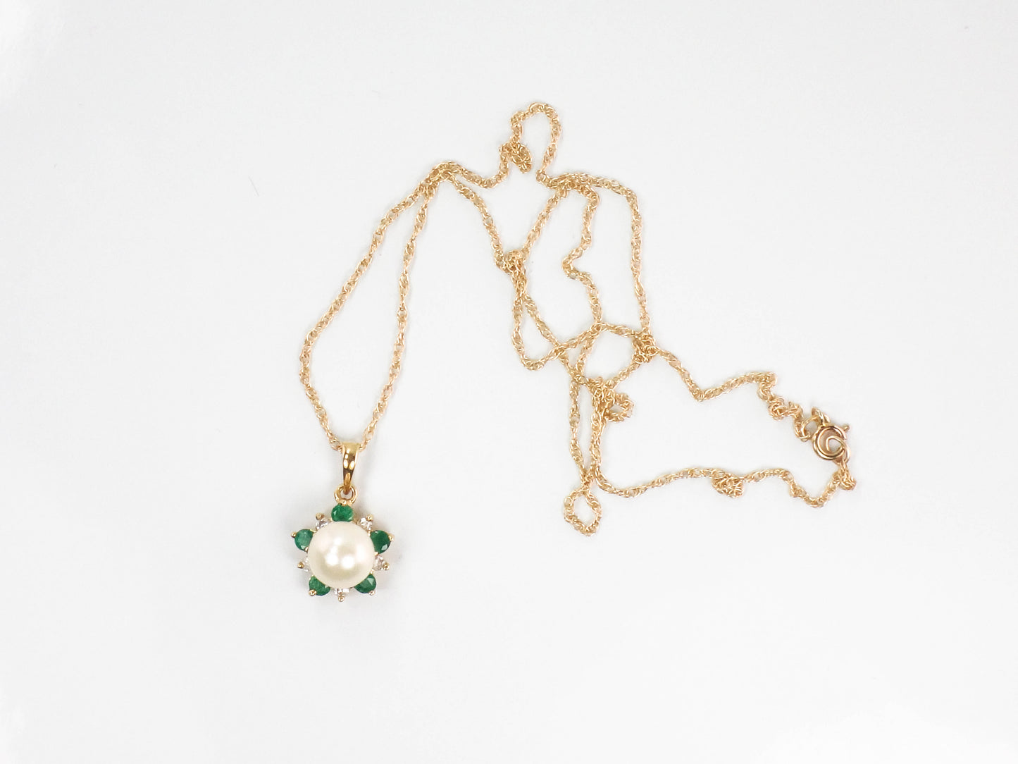 Vintage 14k Yellow Gold Pearl, Emerald and Diamond Necklace, Cultured Pearl Halo Pendant, Bridal Necklace 16"
