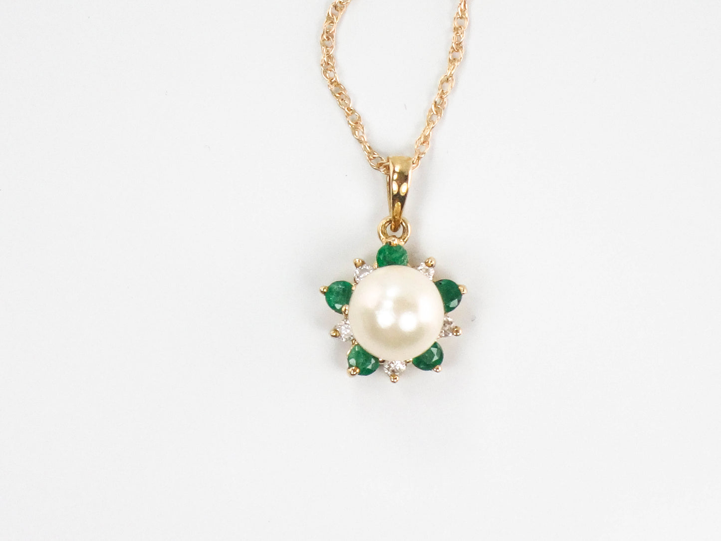 Vintage 14k Yellow Gold Pearl, Emerald and Diamond Necklace, Cultured Pearl Halo Pendant, Bridal Necklace 16"